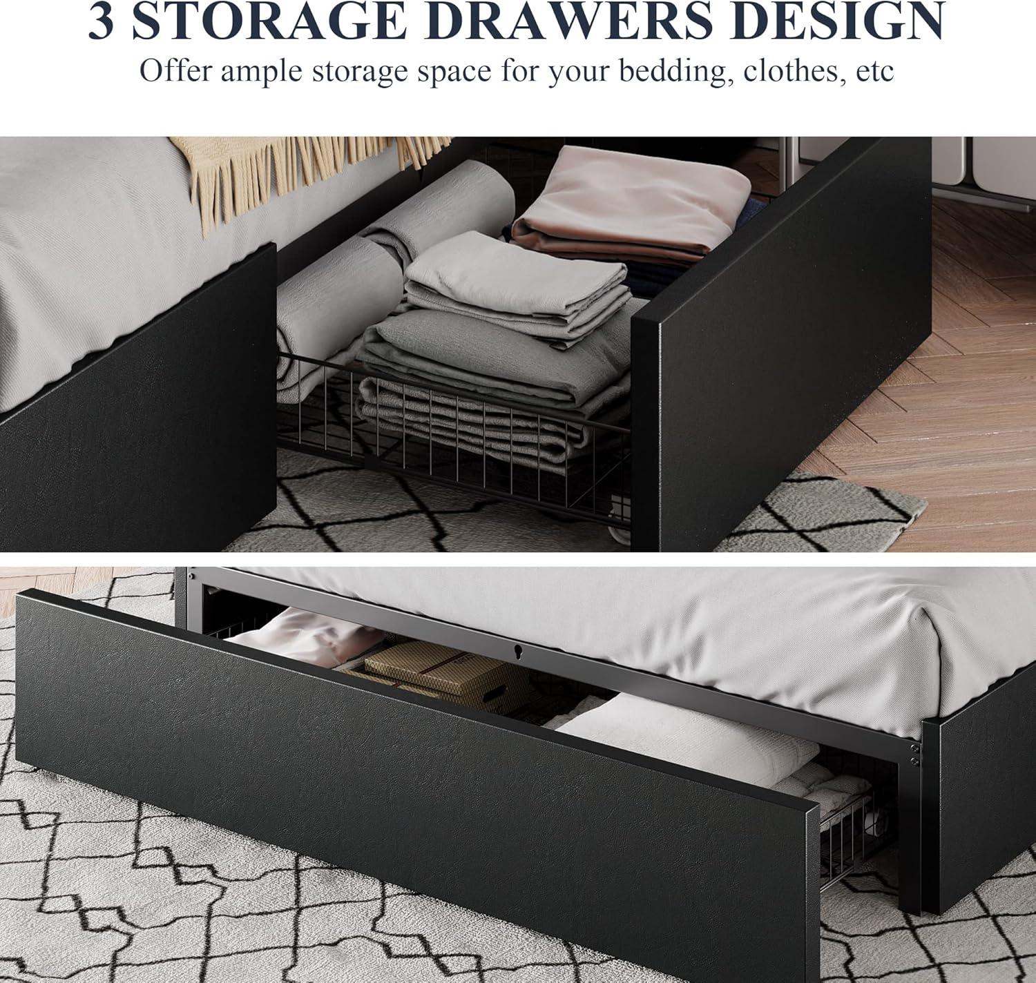 Modern Black Faux Leather Queen Bed Frame with Storage Drawers