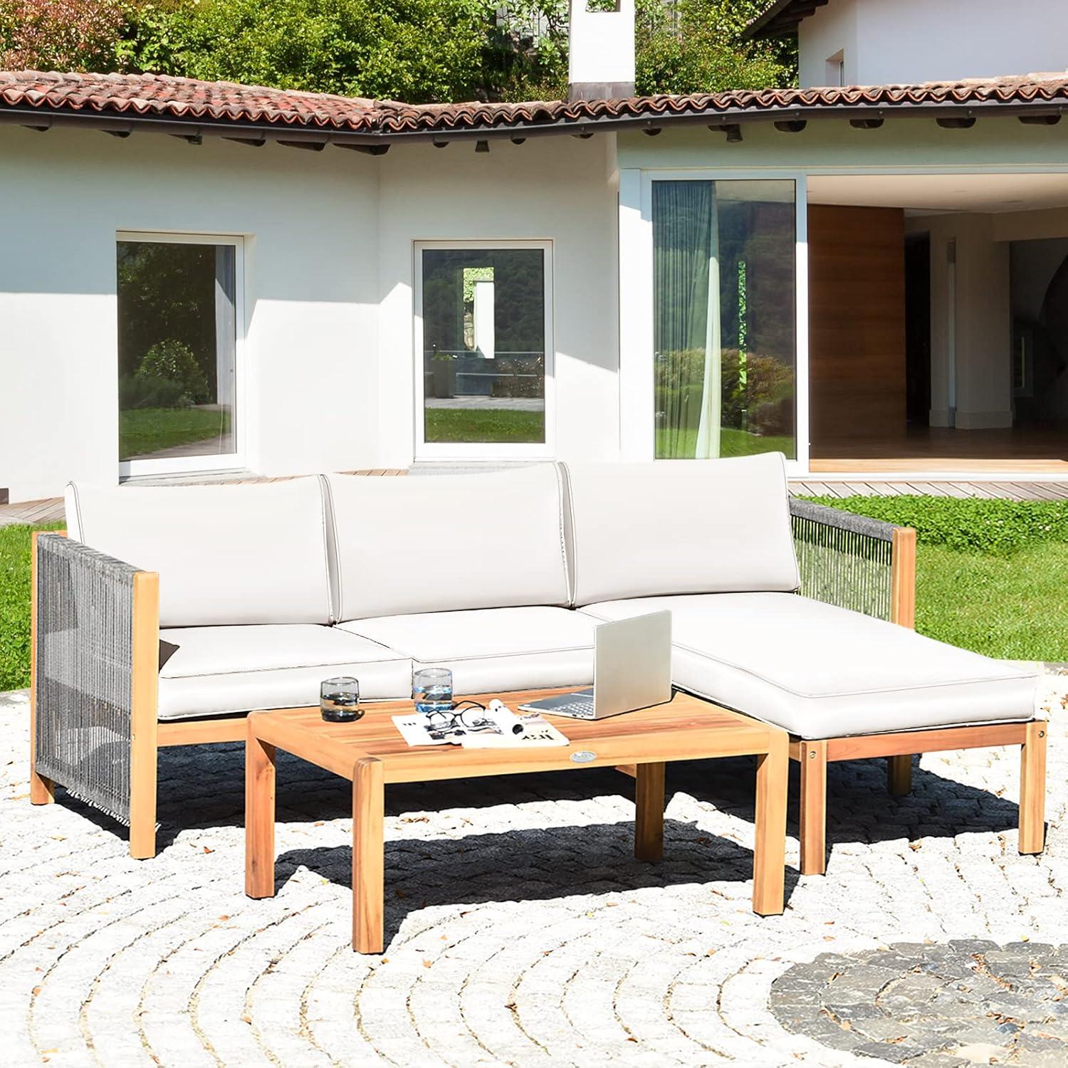Topcobe 3 Piece Patio Acacia Sofa Set with Nylon Armrest, Outdoor Furniture, White