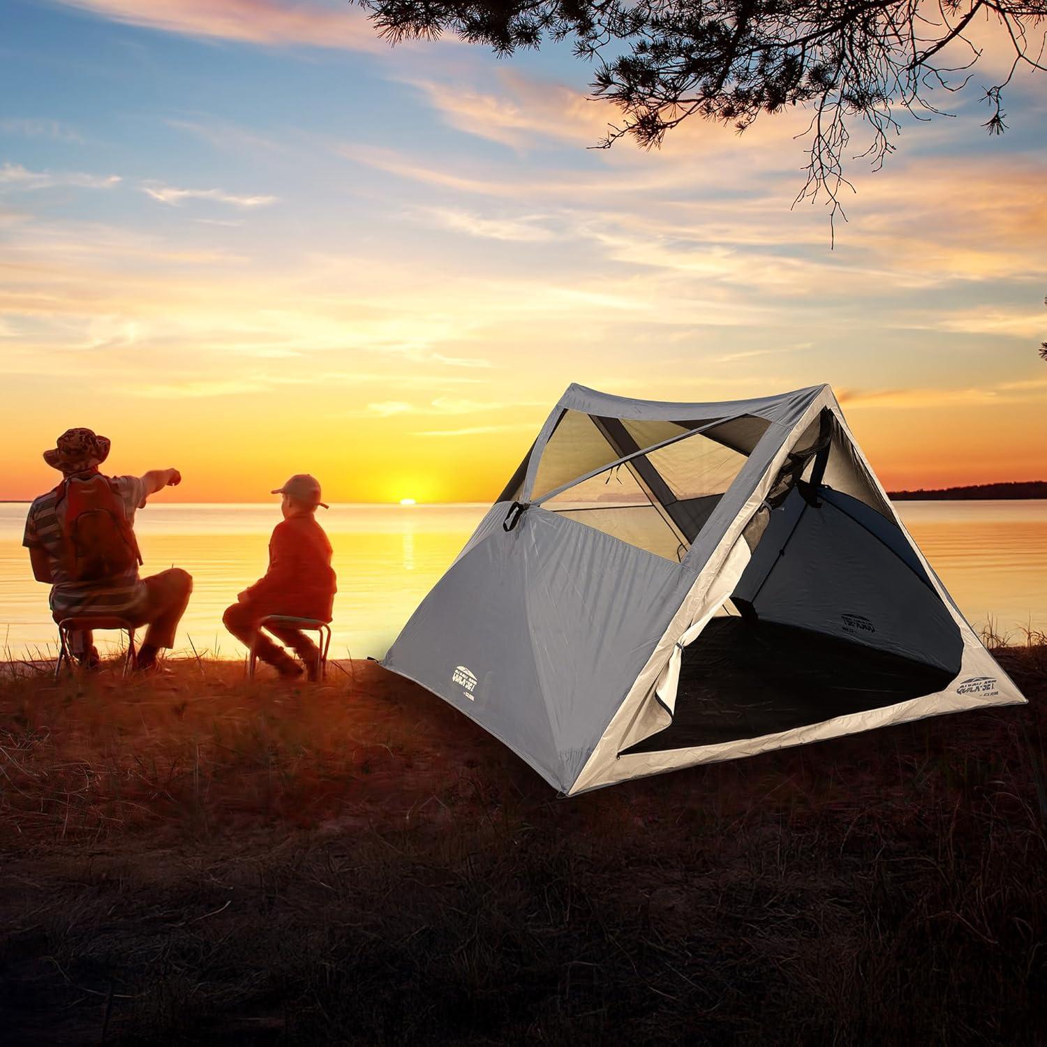 CLAM Quick-Set Apex A-Frame Tent, 8 x 8 Foot Portable Pop Up Tent Outdoor, 3 Person Camping Shelter with 2 Entry Doors & Rain Fly, Blue/Gray