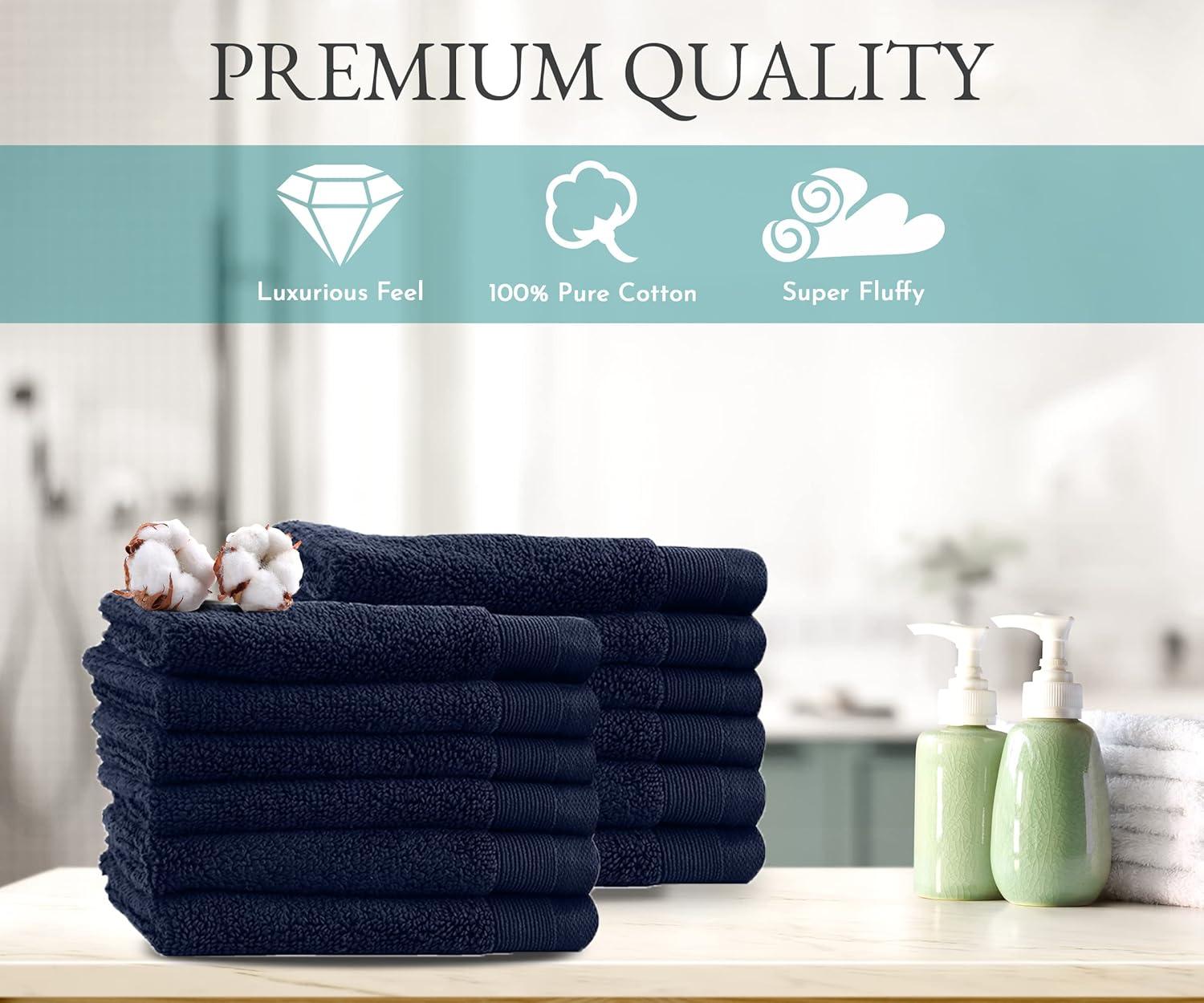 Linteum Textile 100% Cotton Premium Washcloths, 13x13 Inches [Pack of 12] Navy Blue