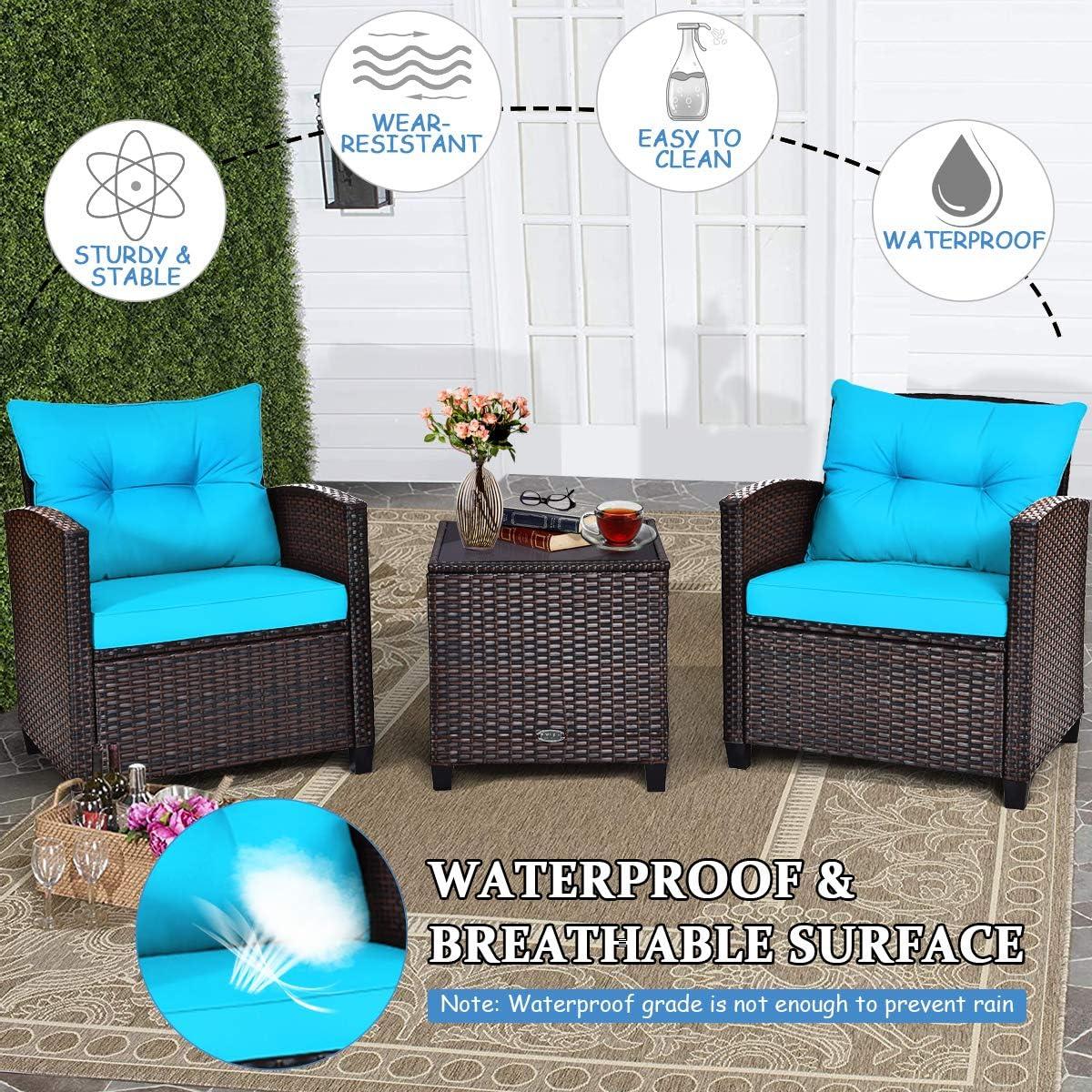 Giantex 3 Pieces Patio Furniture Set, PE Rattan Wicker 3 Pcs Outdoor Sofa Set w/Washable Cushion and Tempered Glass Tabletop, Conversation Furniture for Garden Poolside Balcony (Turquosize)
