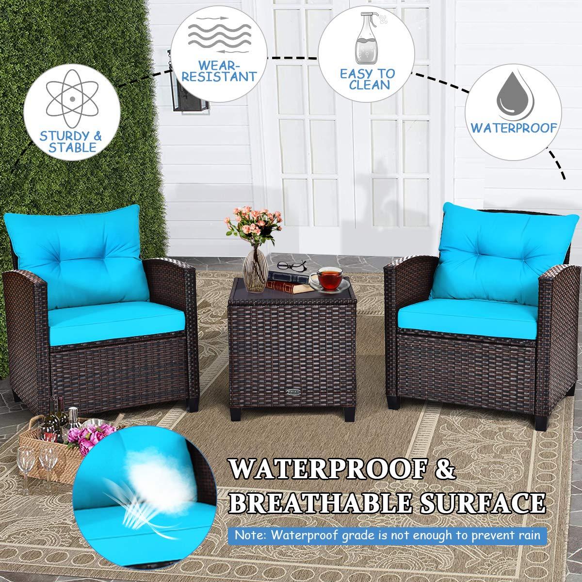 Giantex 3 Pieces Patio Furniture Set, PE Rattan Wicker 3 Pcs Outdoor Sofa Set w/Washable Cushion and Tempered Glass Tabletop, Conversation Furniture for Garden Poolside Balcony (Turquosize)