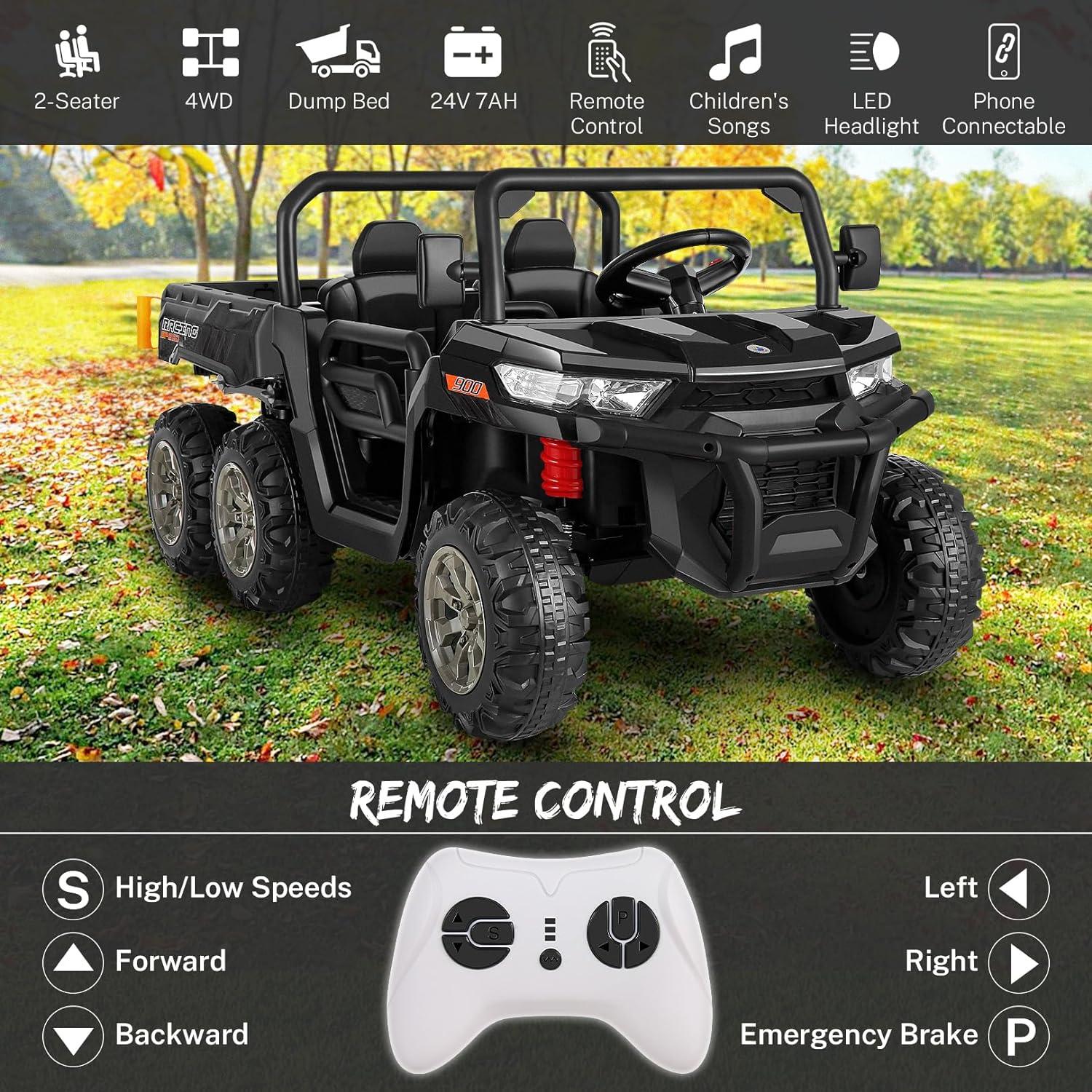 JOYRACER 24V 2 Seater Ride On Dump Truck with Remote Control , Electric UTV Car with Electric Dump Bed, 4WD Power Ride Cars W/6 Wheels Ride On Toys with Shovel Music Player