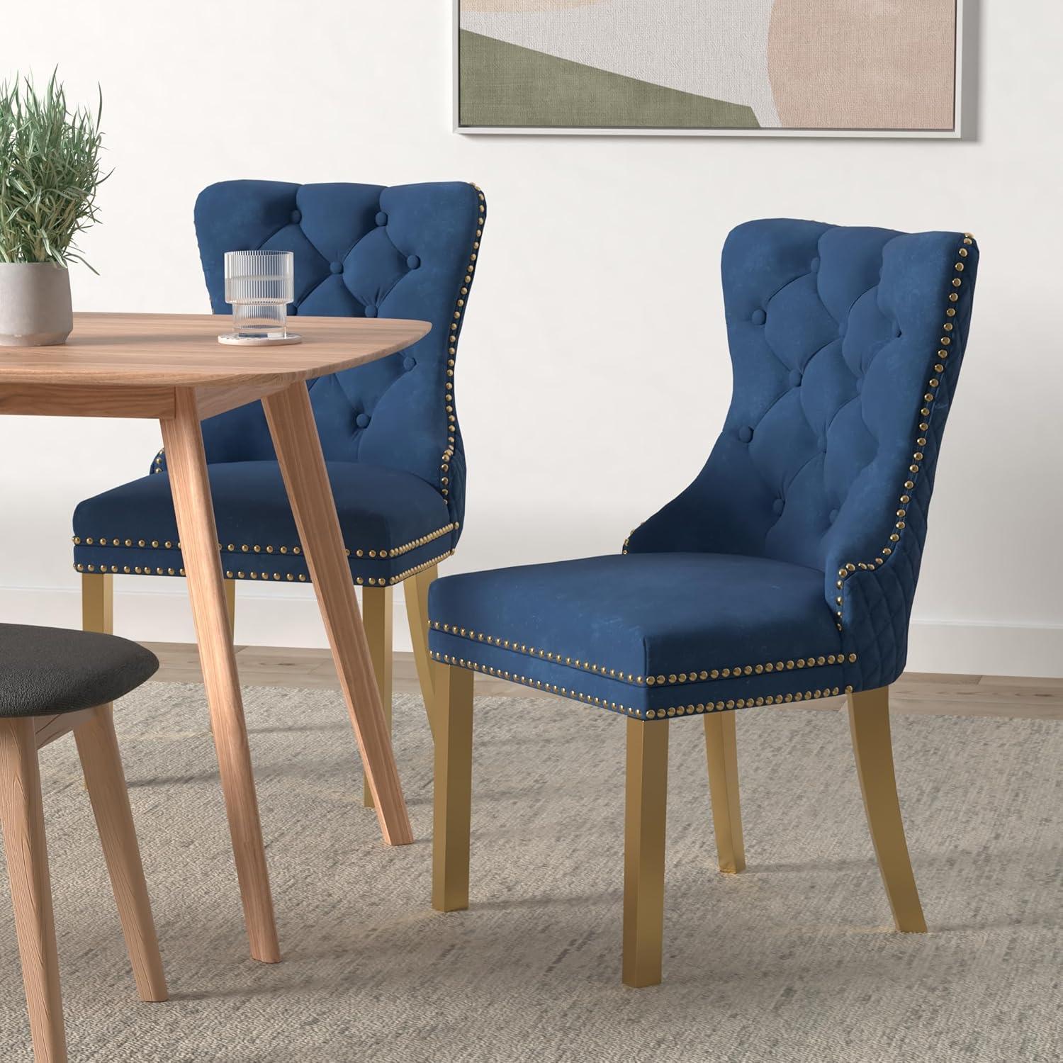 Velvet Upholstered Dining Chairs, Set of 2, Dining Room Tufted Chair, Modern Button Tufted Armless Chairs with Nailhead Trim and Back Ring Pull, Gold Legs, for Dining Room, Kitchen, Navy