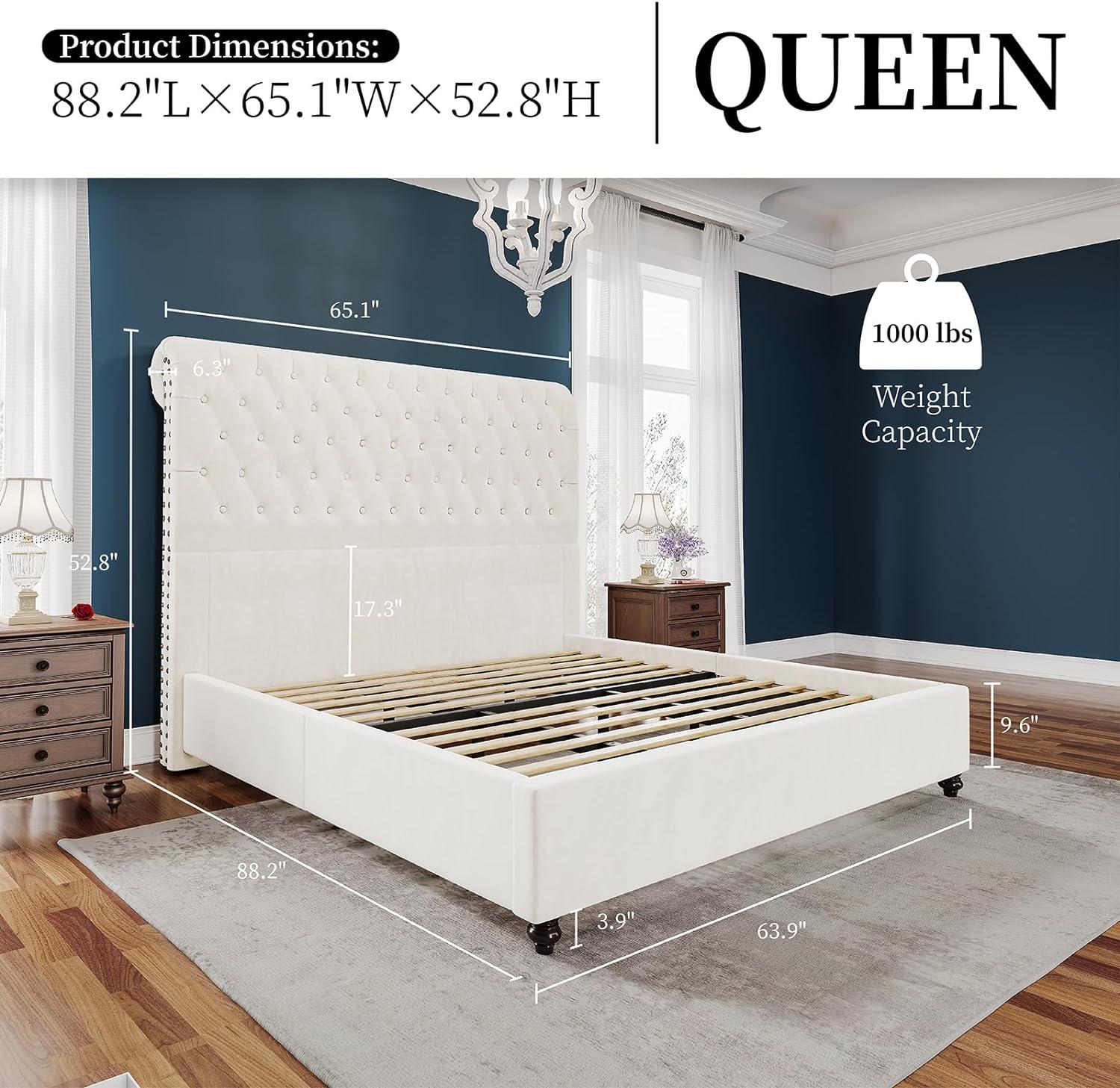 Jocisland Upholstered Queen Bed Frame with Velvet Tufted Sleigh Headboard,Cream