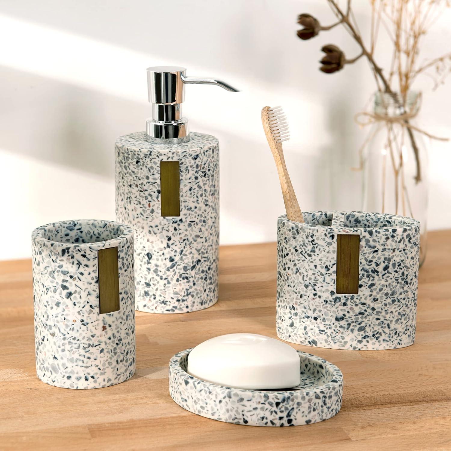 Lerrazzo 4-Piece Grey and Natural Terrazzo Bathroom Set