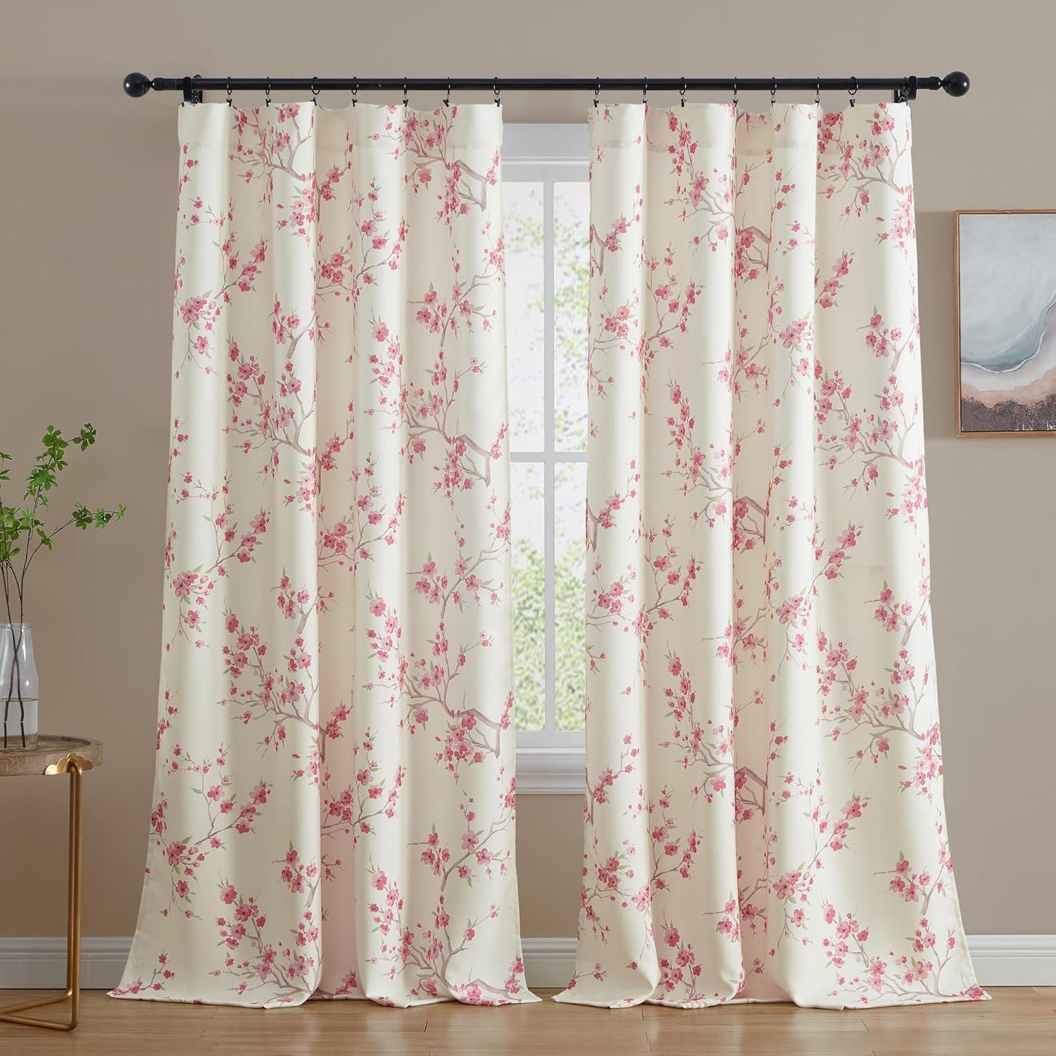 HLC.ME Jasmine Floral Patterned Window Rod Pocket Curtains - Light Blocking Darkening Window Panels, Set of 2 - Pink, 52 W x 96 L