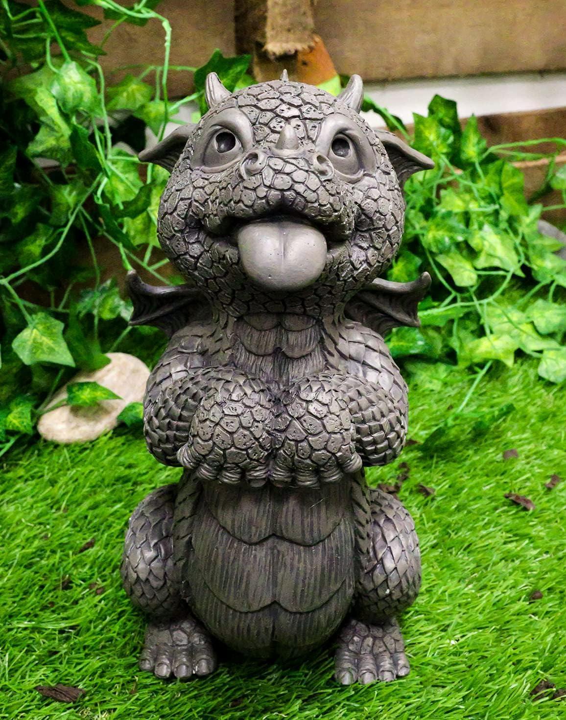 Whimsical Gray Resin Begging Garden Dragon Statue