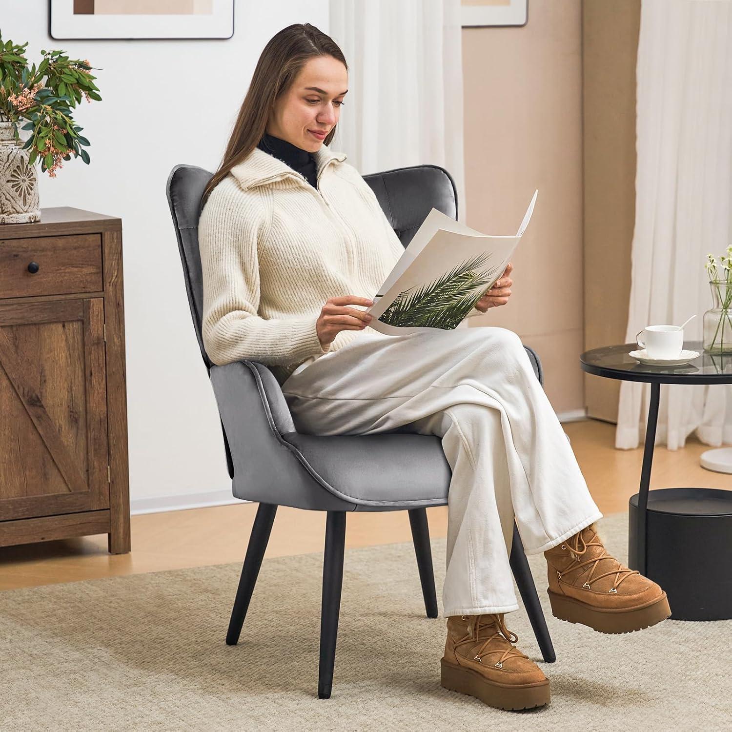 Gray Velvet Wingback Accent Chair with Metal Legs