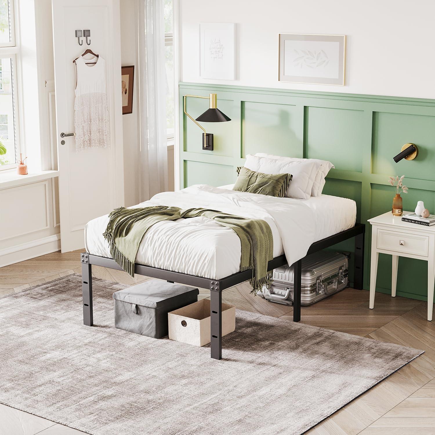 Twin Metal Bed Frame - 16 Inch Tall, No Box Spring Needed, Heavy Duty Platform With Storage Space, Sturdy Non-Slip Noiseless
