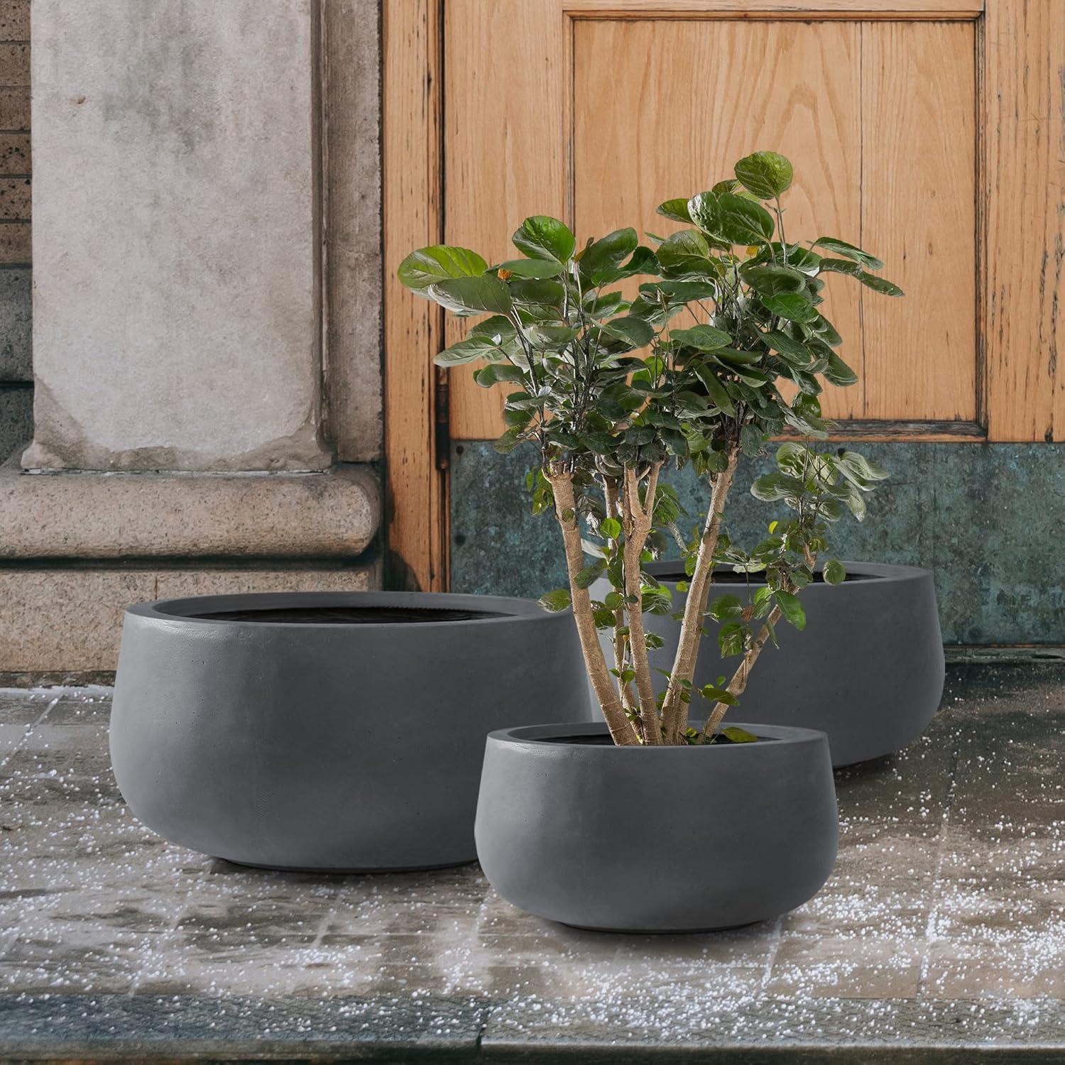 Charcoal Round Concrete Planters Set of 3 with Drainage Holes