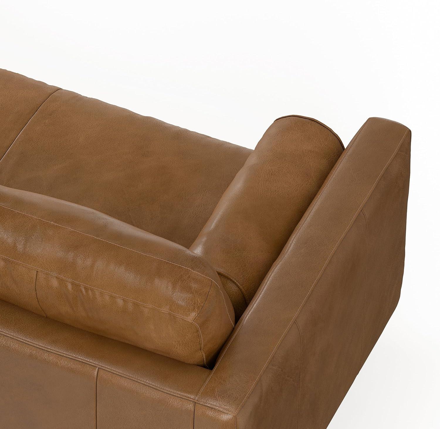 Simpli Home Morrison Mid-Century Modern 72 inch Wide Sofa in Caramel Brown Genuine Leather