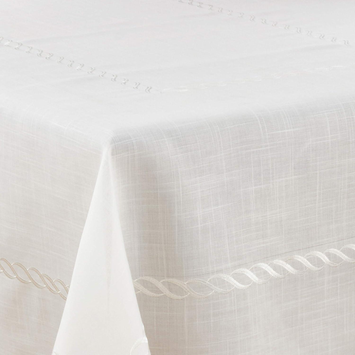 White Embroidered Braid Design Linen-Blend Tablecloth