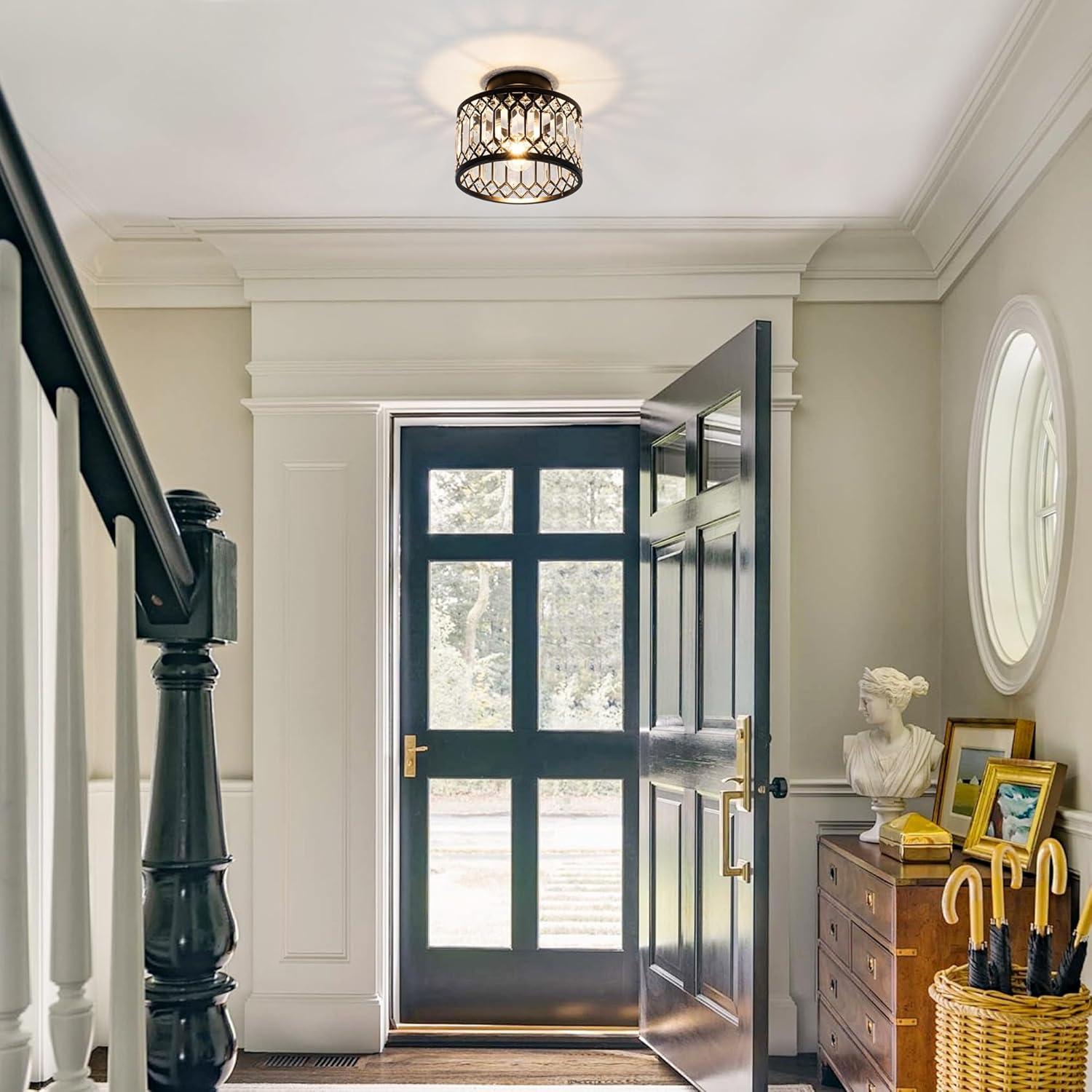 Crystal Ceiling Light Fixture, Modern Semi Flush Mount Ceiling Light,Crystal Chandelier for Kitchen Bedroom Bathroom Entryway Black (Bulb not Included)