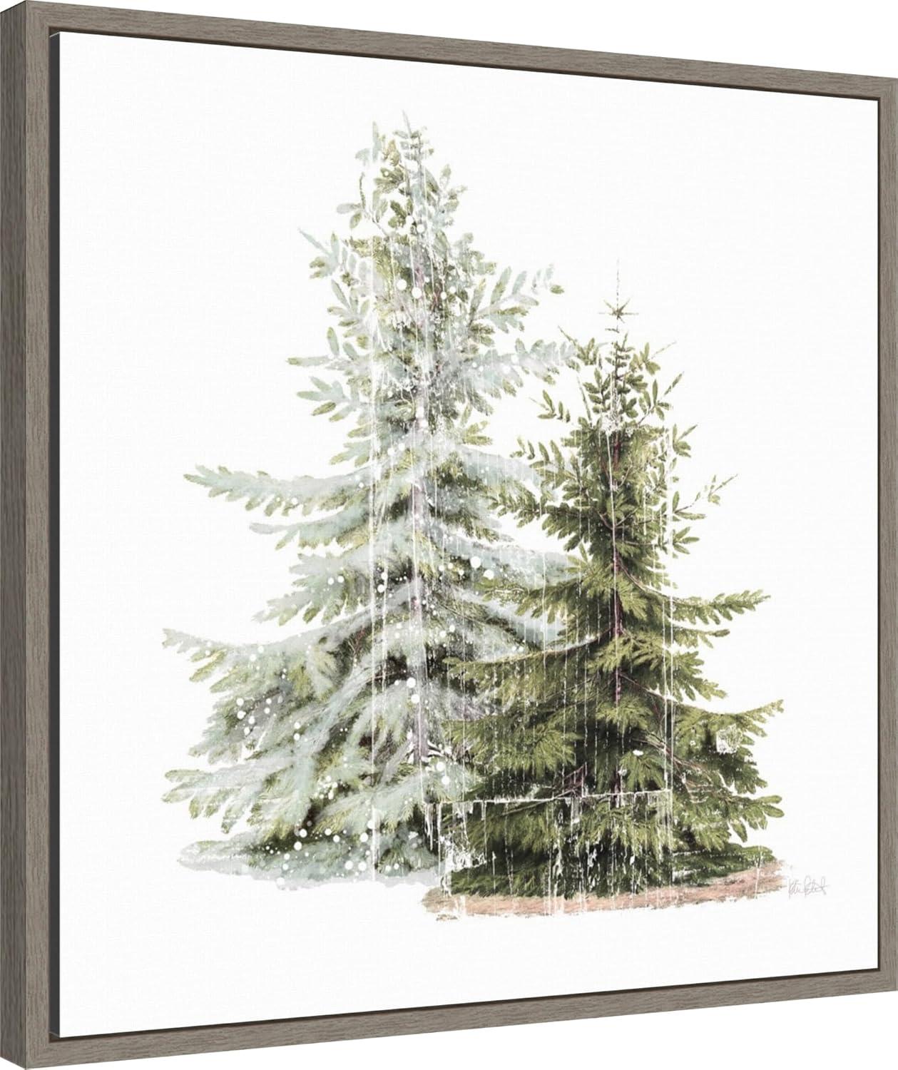 22" x 22" Vintage Wooded Holiday Trees in Snow Framed Wall Canvas Brown - Amanti Art