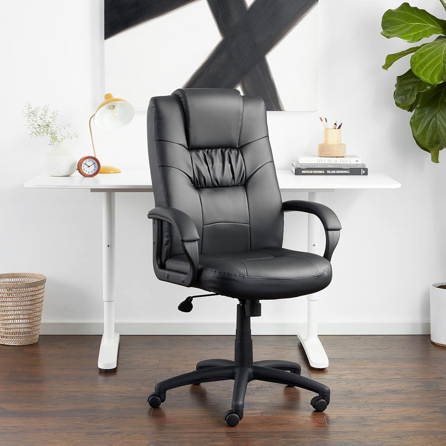 Executive High Back Leatherplus Chair Black - Boss Office Products: Ergonomic, Swivel, Adjustable Height, Metal Frame