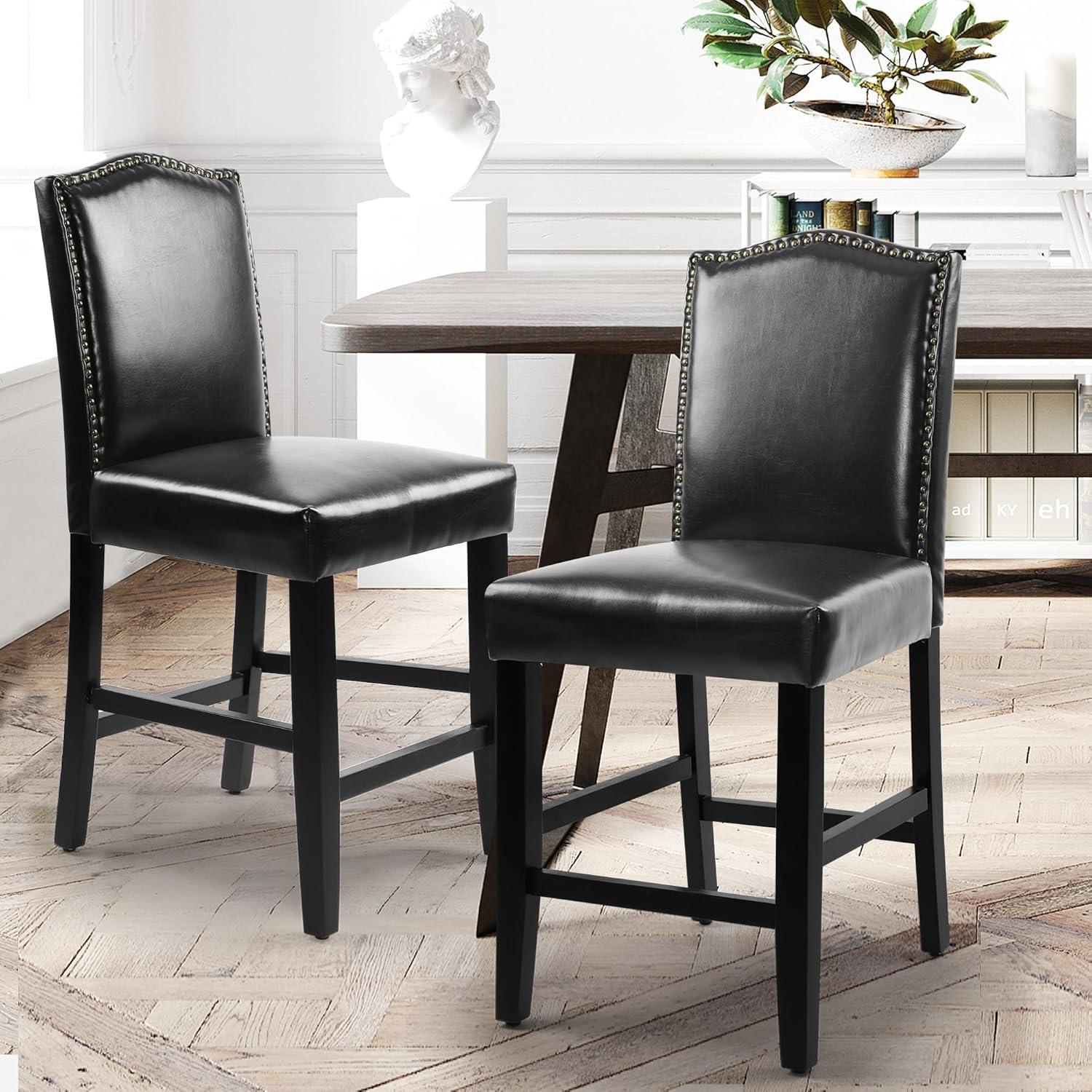 Black Faux Leather and Wood Counter Height Stools, Set of 2