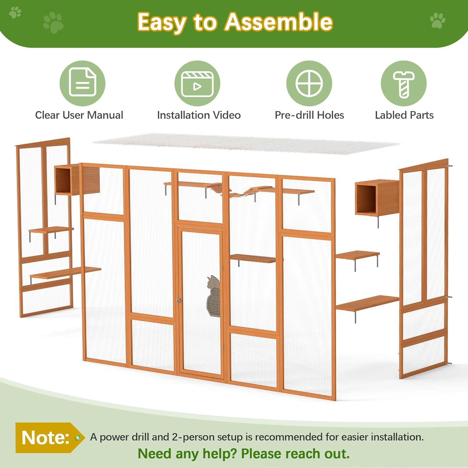 COZIWOW Outdoor Cat Enclosure, Catio Pet Safe House, 104" Extra Large Indoor Window Box with 7 Platforms, Resting Houses, and Walk-In Door, Orange