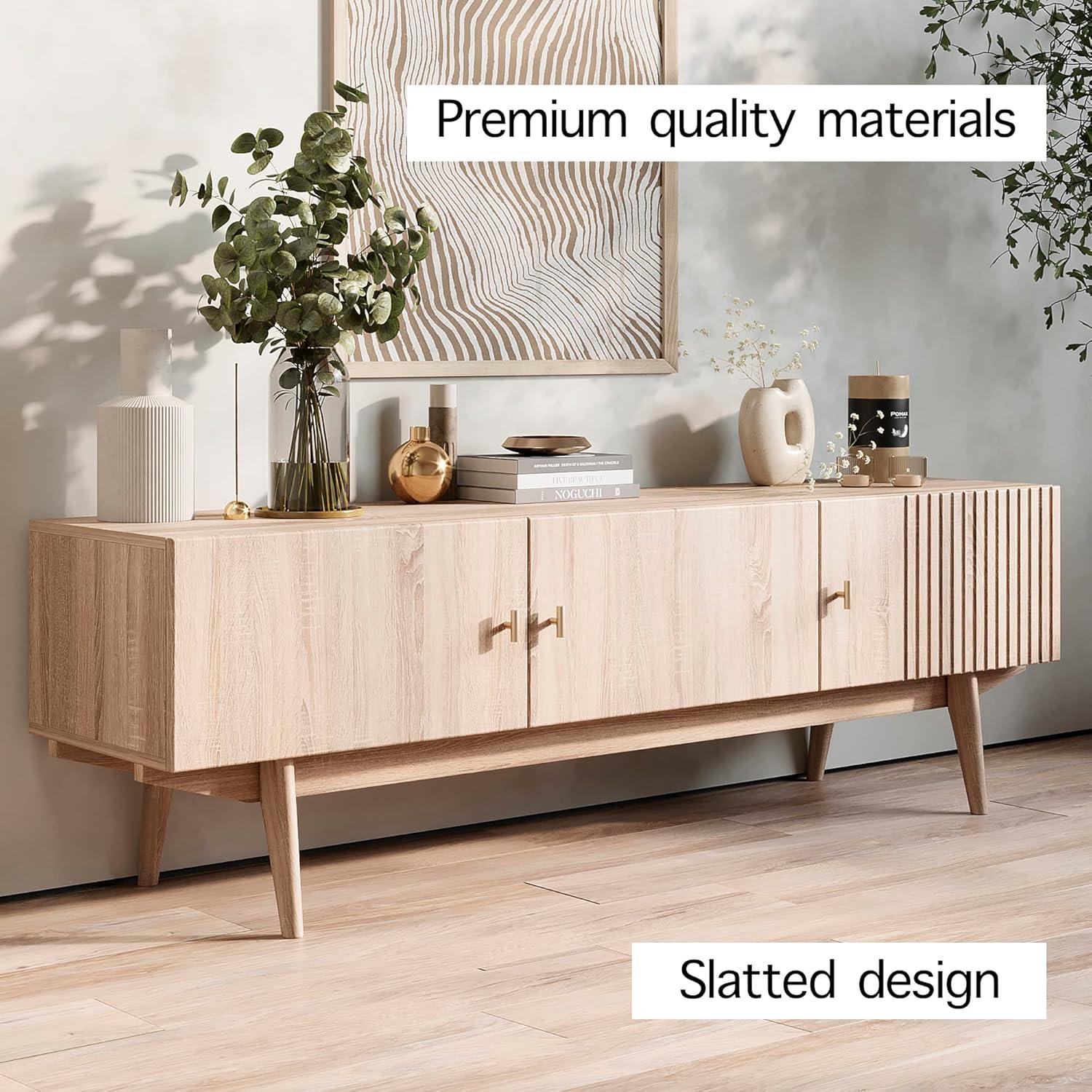 Living Skog  Chelsea Brown TV Stand Fits for TV's up to 65 in. with Slatted Design and Wood Legs Beige Matte Laminate, MDF