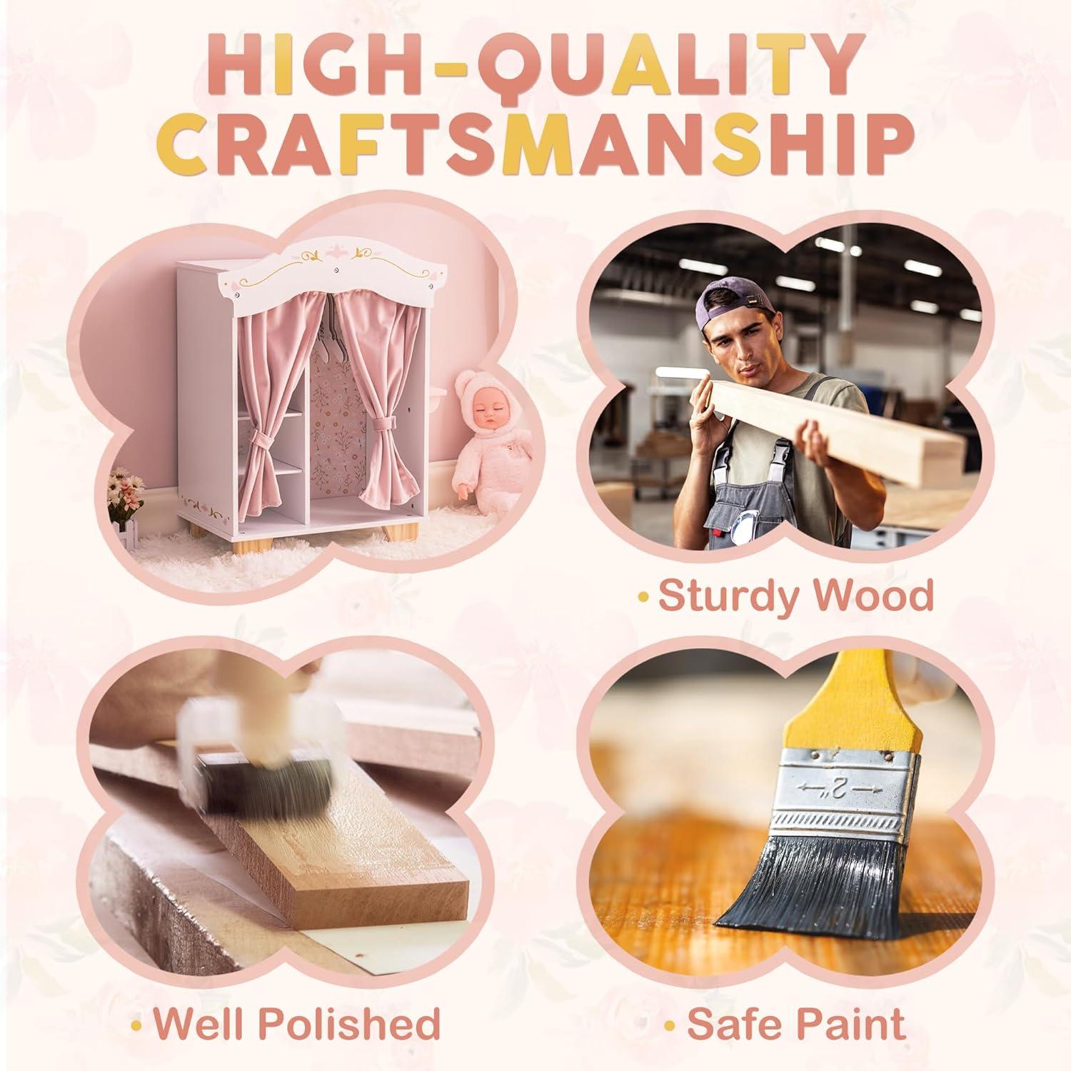 ROBOTIME 18in Doll Closet, Wooden Doll Closet Wardrobe, Pink Doll Wardrobe Closet Fits 16-18in American Girl, Gift for Boys & Girls