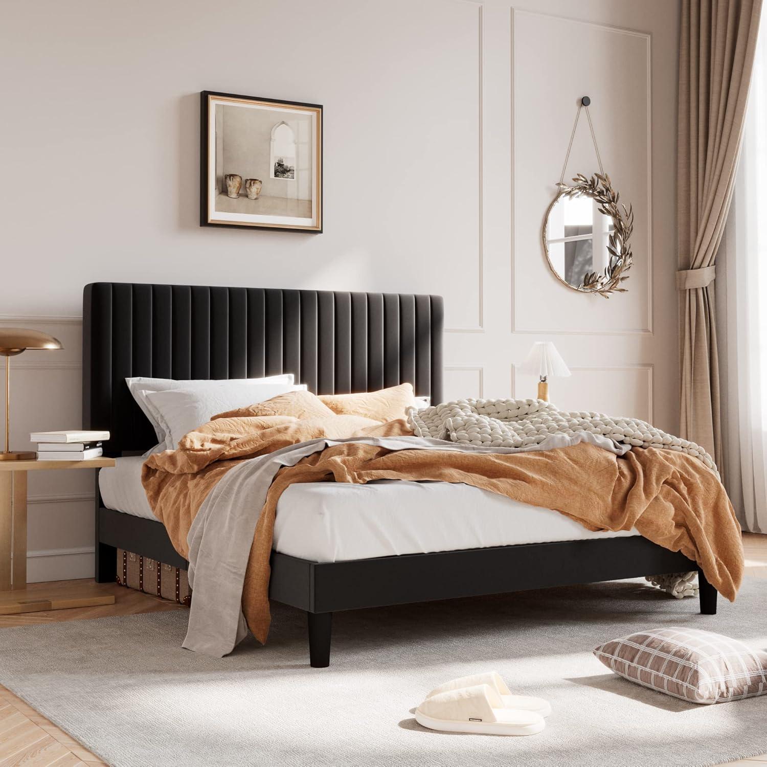 Queen Black Velvet Upholstered Platform Bed with Tufted Headboard