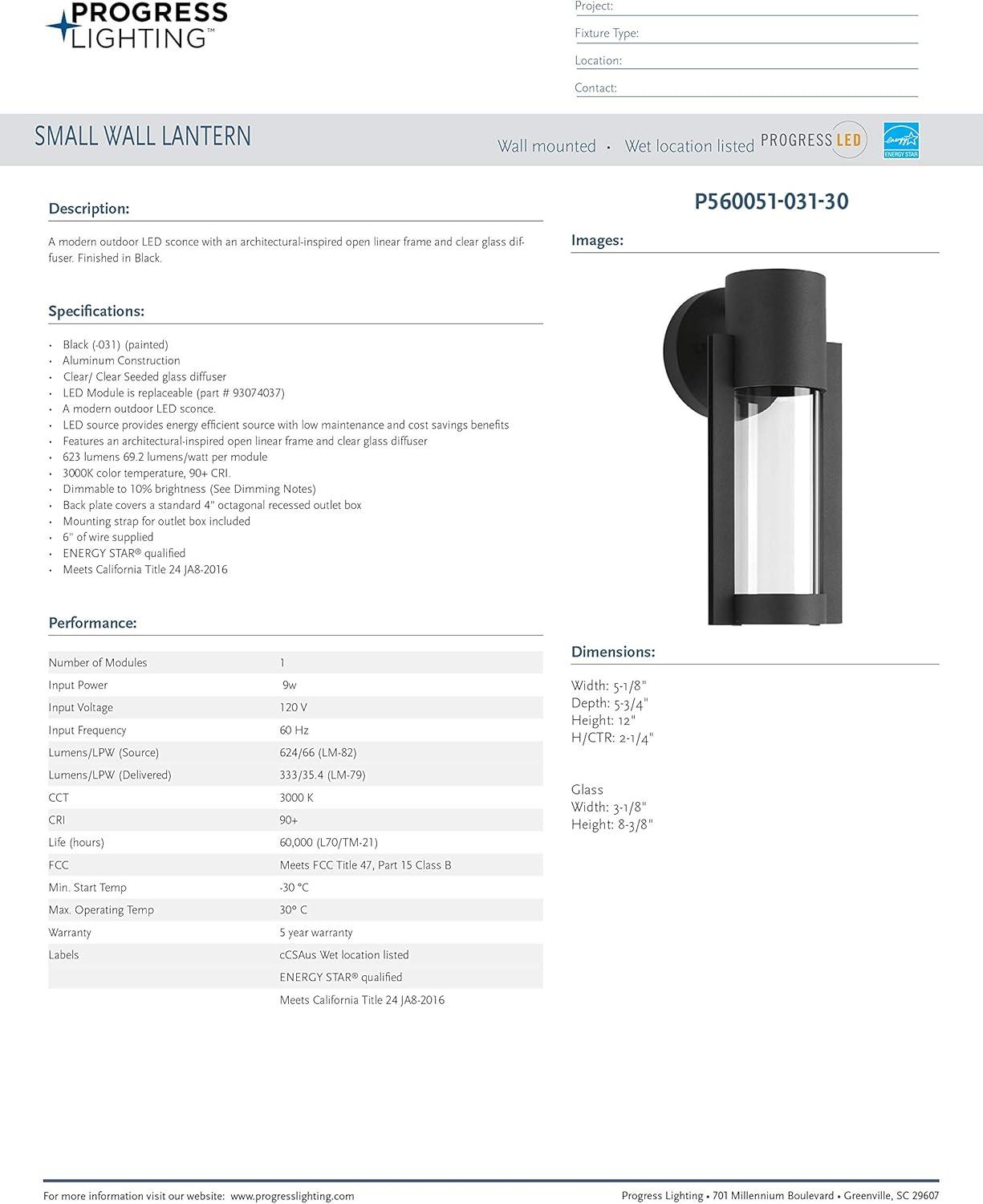 Progress Lighting Z-1030 1-Light Outdoor LED Sconce, Aluminum, Black Finish, Clear Glass Shade