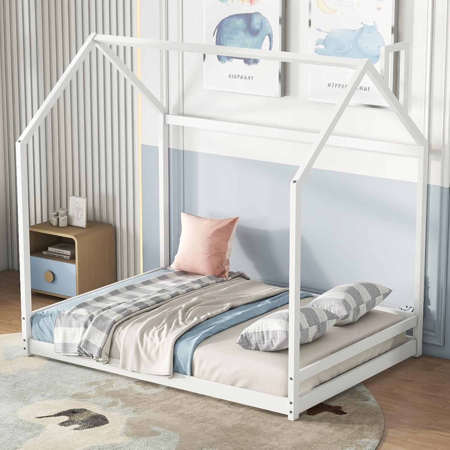 Bellemave Montessori Wood Bed Frame for Toddlers House Beds for Kids Floor Bed Frame Bedroom Furniture for Girls Boys, Spring Needed, Full Size, White