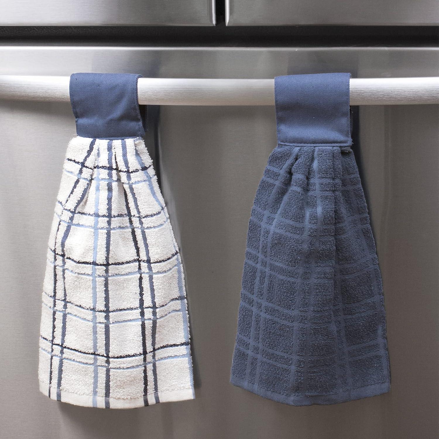 RITZ Solid and Multi Check Kitchen Tie Towel Set, 2-Pack, Federal Blue, 8.8” x 17”