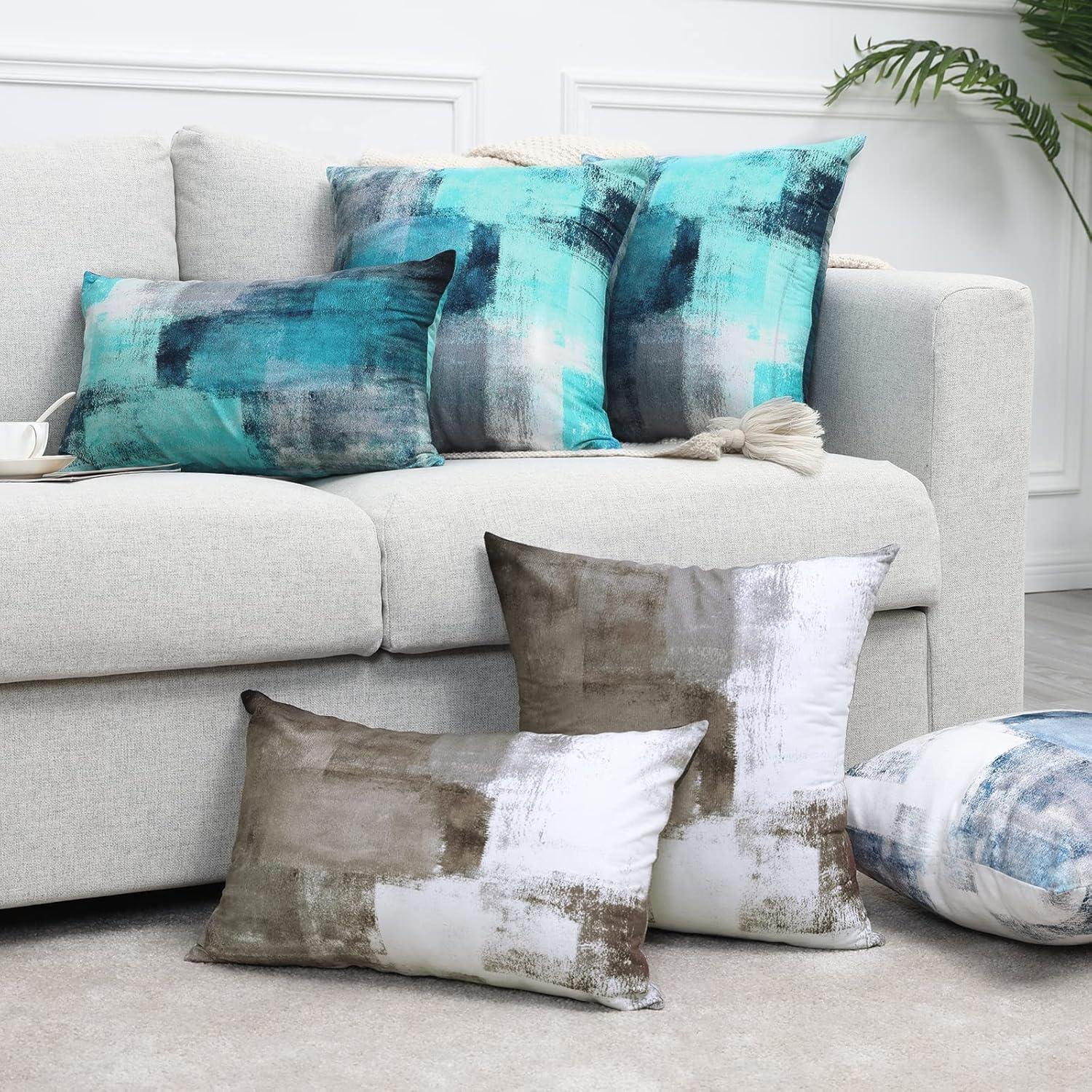 Set of 2 Teal and Grey Cotton Polyester Throw Pillow Covers