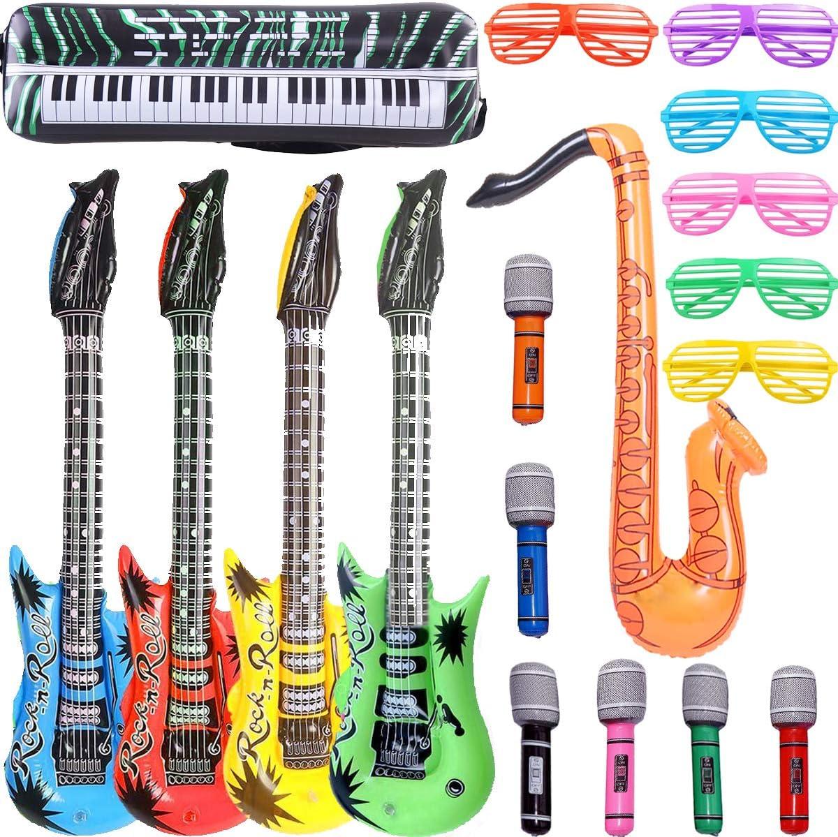 OuMuaMua Inflatable Rock Star Toy Set, 18 Pack Inflatable Party Props - 4 Inflatable Guitar, 6 Microphones, 6 Shutter Shading Glasses, 1 Saxophone and 1 Inflatable Keyboard Piano Inflatable Rock Toys