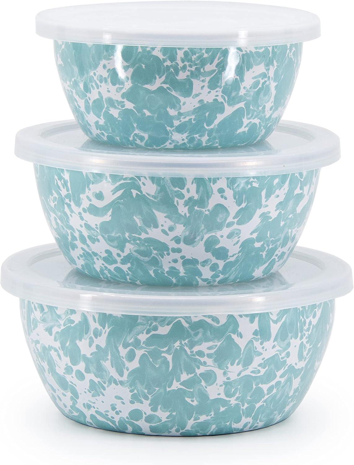 Sea Glass Ceramic Nesting Bowls with Lids, Set of 3