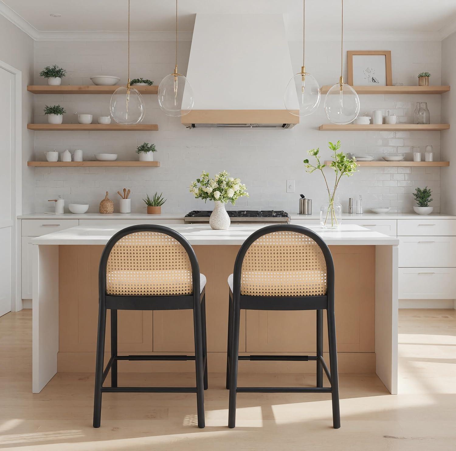 Bayou Breeze Emington Modern Stools with Rattan Backrests and Wood Frame (Set of 2)