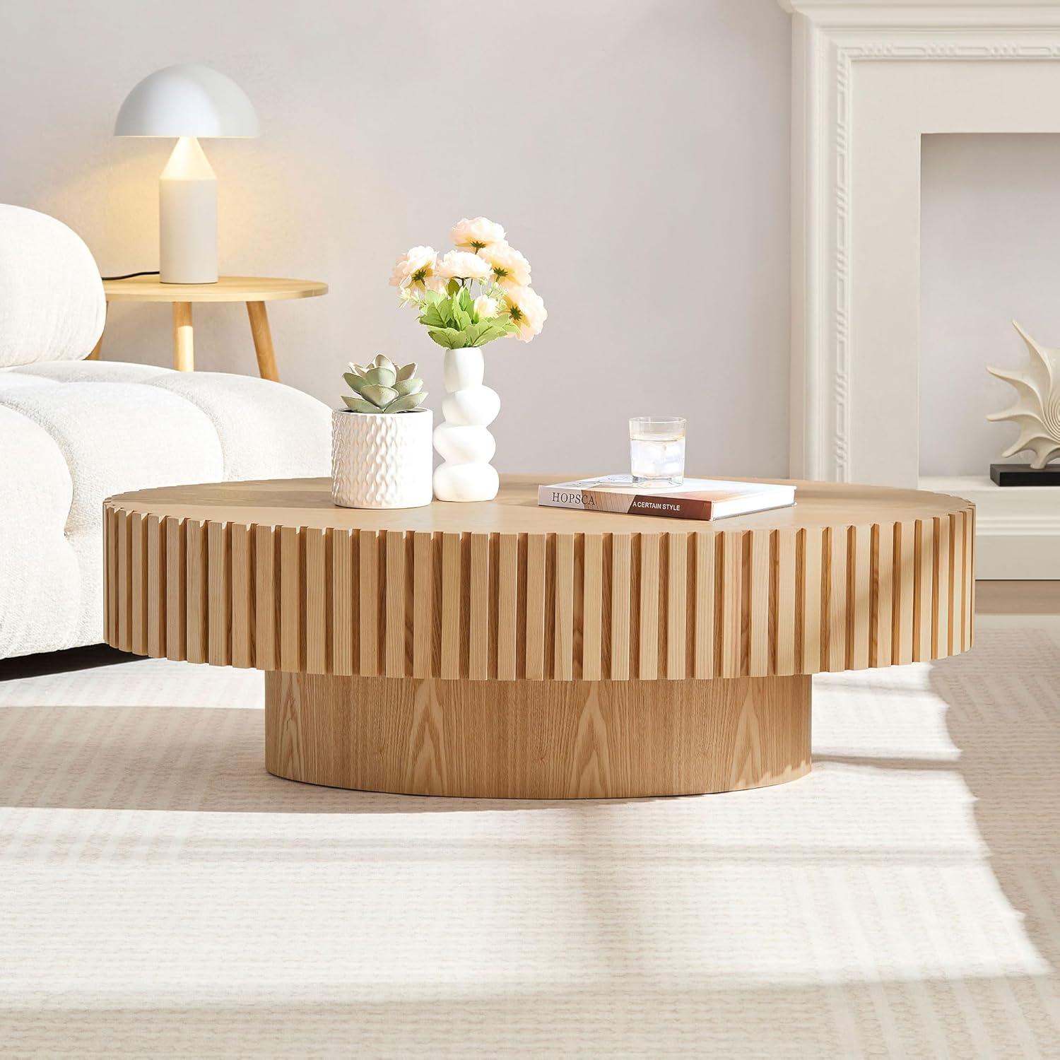 Oak Fluted Oval Coffee Table with Pedestal Base