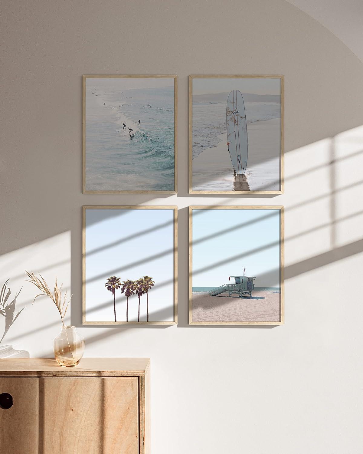 Beige Framed Coastal Beach Print Set with Pennsylvania Oak