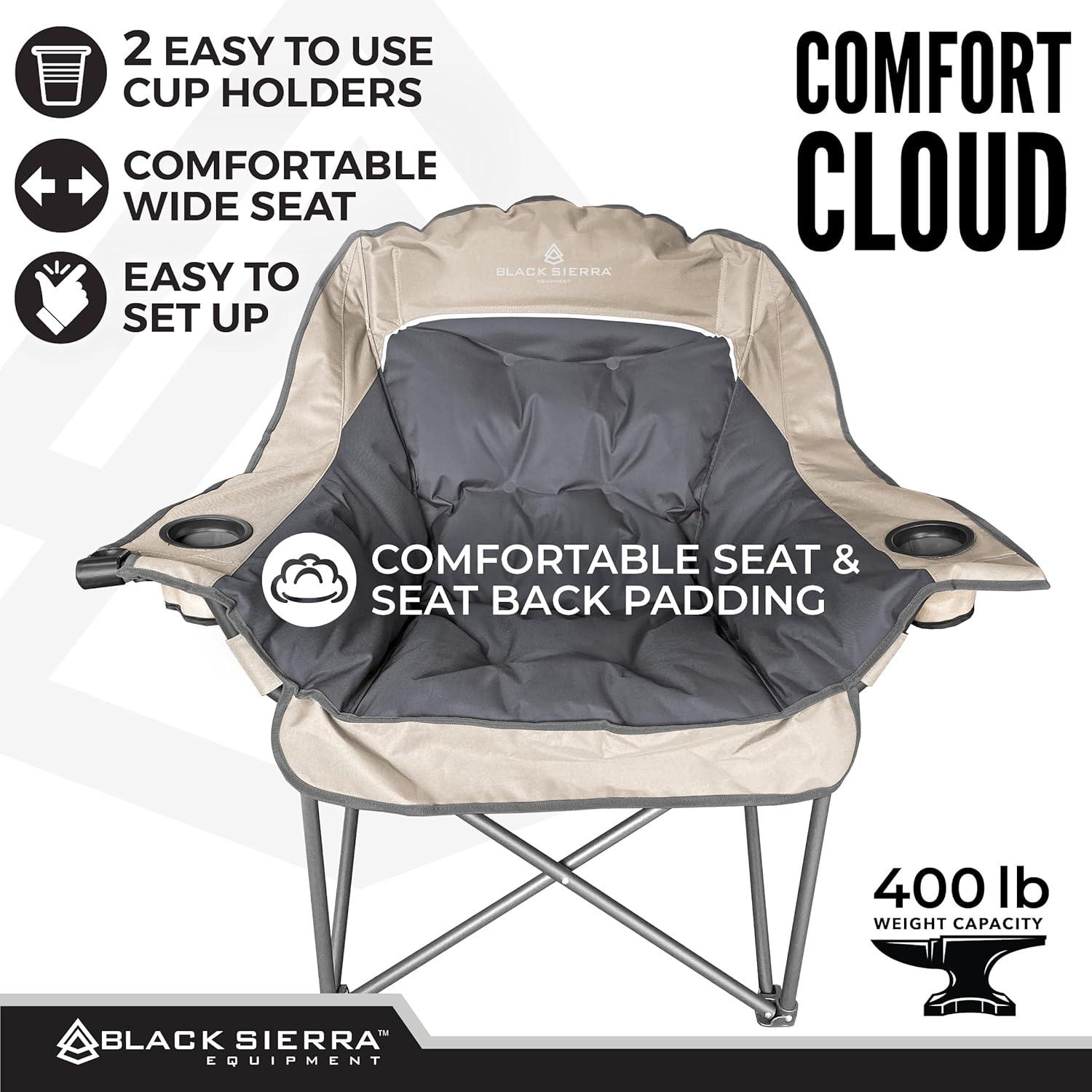Black Sierra Plush Camping Chair for Sports & Outdoors, Oversize XL Outdoor Folding Chair Supports 400 lbs, Heavy Duty Lounge w/Cup Holders & Carry Bag Perfect for Tailgating, Patio C21