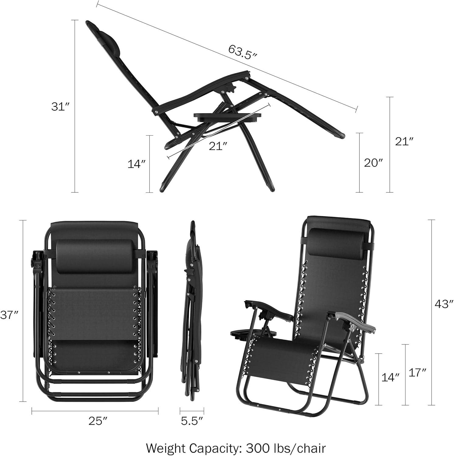 Set of 2 Zero Gravity Outdoor Chairs with Side Tables, Cupholders, Phone, and Tablet Holder and Chair Pillow by Lavish Home, Black