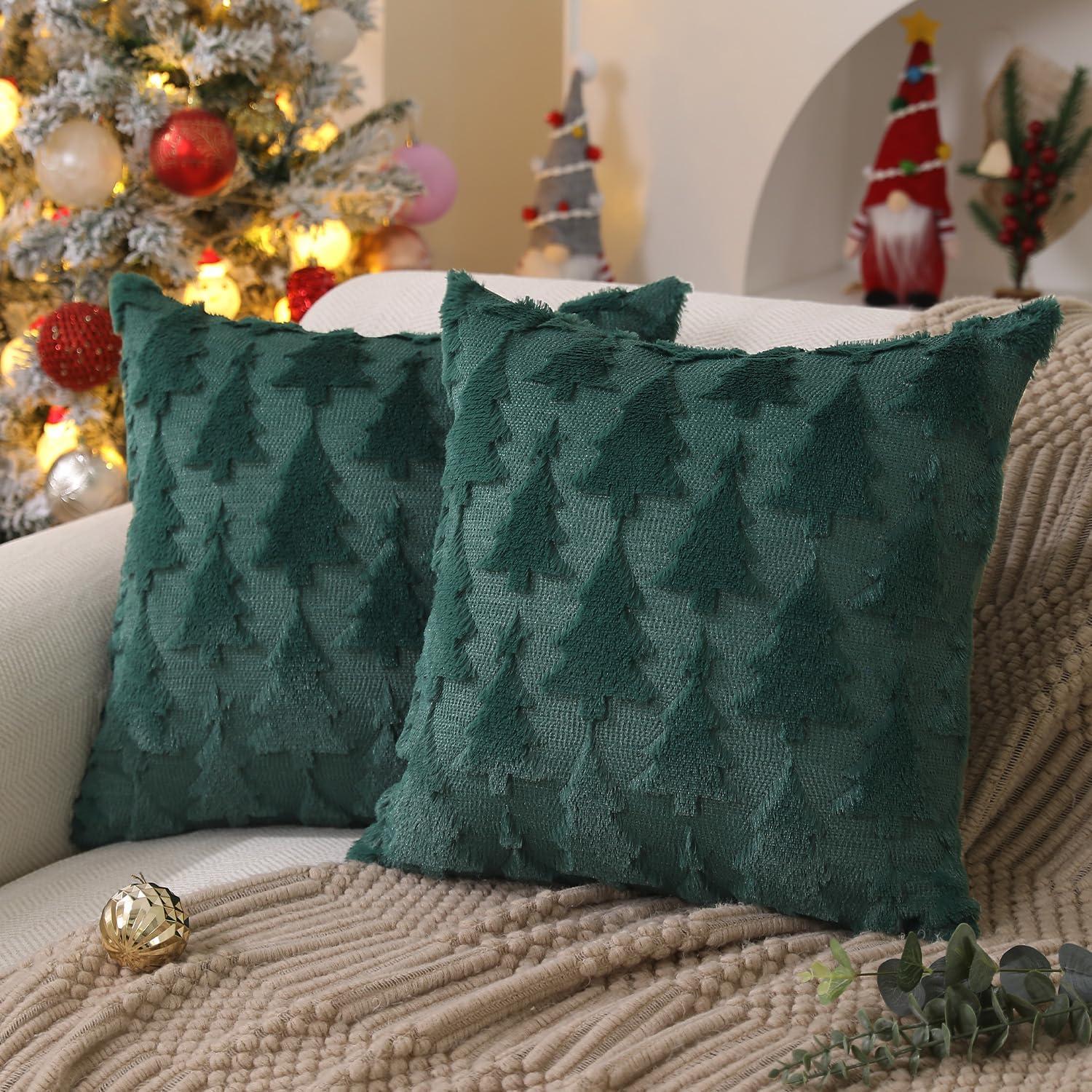 Lomyolo Farmhouse Decoration Christmas Tree Pillow Covers Pack of 2 - 18×18 Soft Faux Fuzzy Sofa Decorative Throw Cushions Cozy Fleece Fabric for Home Winter Holiday Christmas Decor