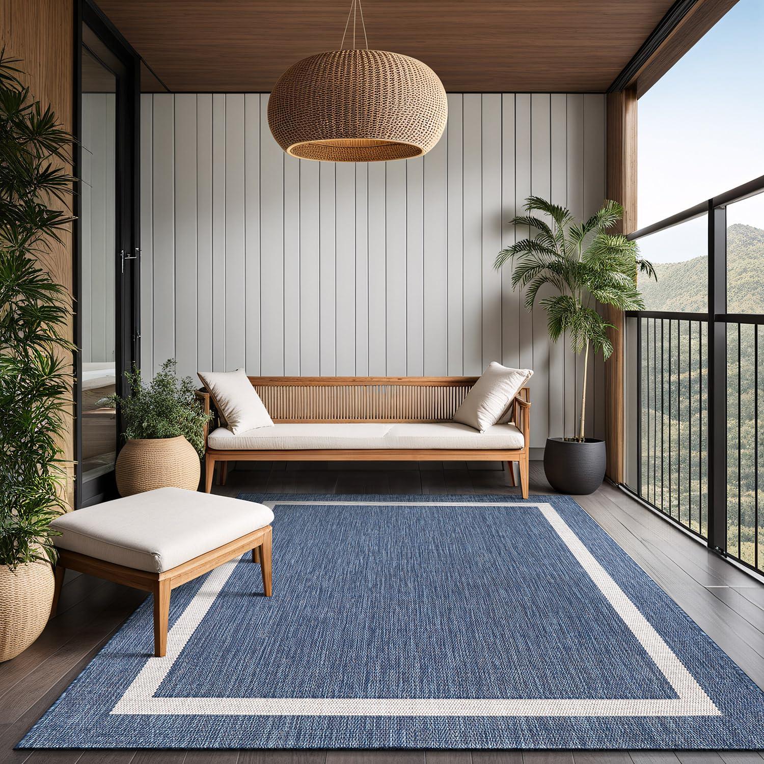 Unique Loom 6' 1 x 9' 0 Rectangle Indoor/Outdoor Border Blue Area Rug