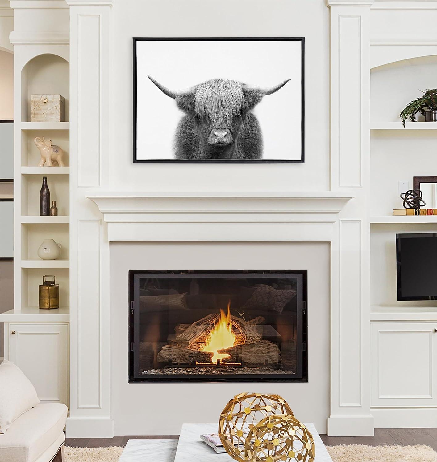 Kate and Laurel Sylvie Hey Dude Highland Cow BW Framed Canvas Wall Art by The Creative Bunch Studio, 28x38 Black, Decorative Farmhouse Animal Art for Wall