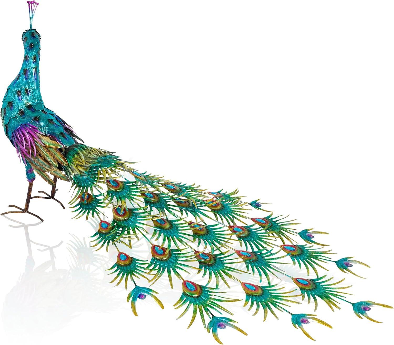 Alpine Corporation Jumbo Size Blue Majestic Tail Down Peacock Décor: 53"L Iron Garden Statue
