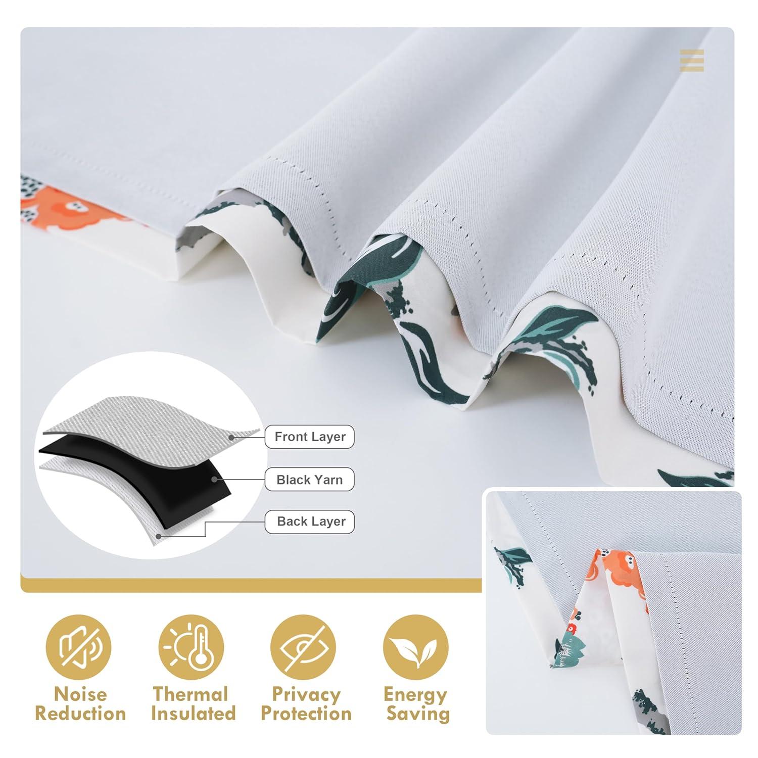 DriftAway Ada Floral Lined Thermal Insulated Room Darkening Blackout Grommet Window Curtains, 2 Panels, 52" x 72", Ivory Orange Teal