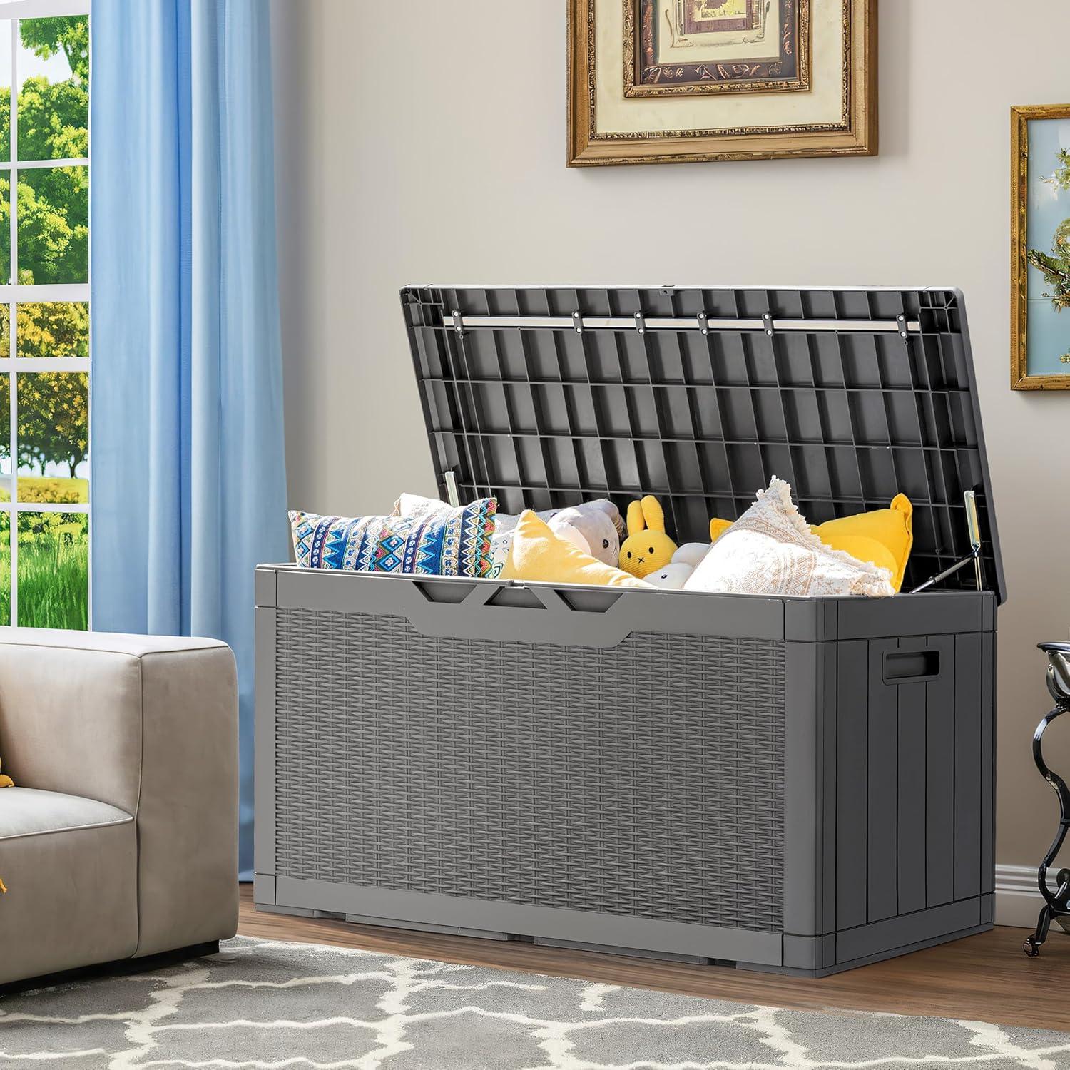 Gray Lockable Weather-Resistant Plastic Deck Box with Cushion