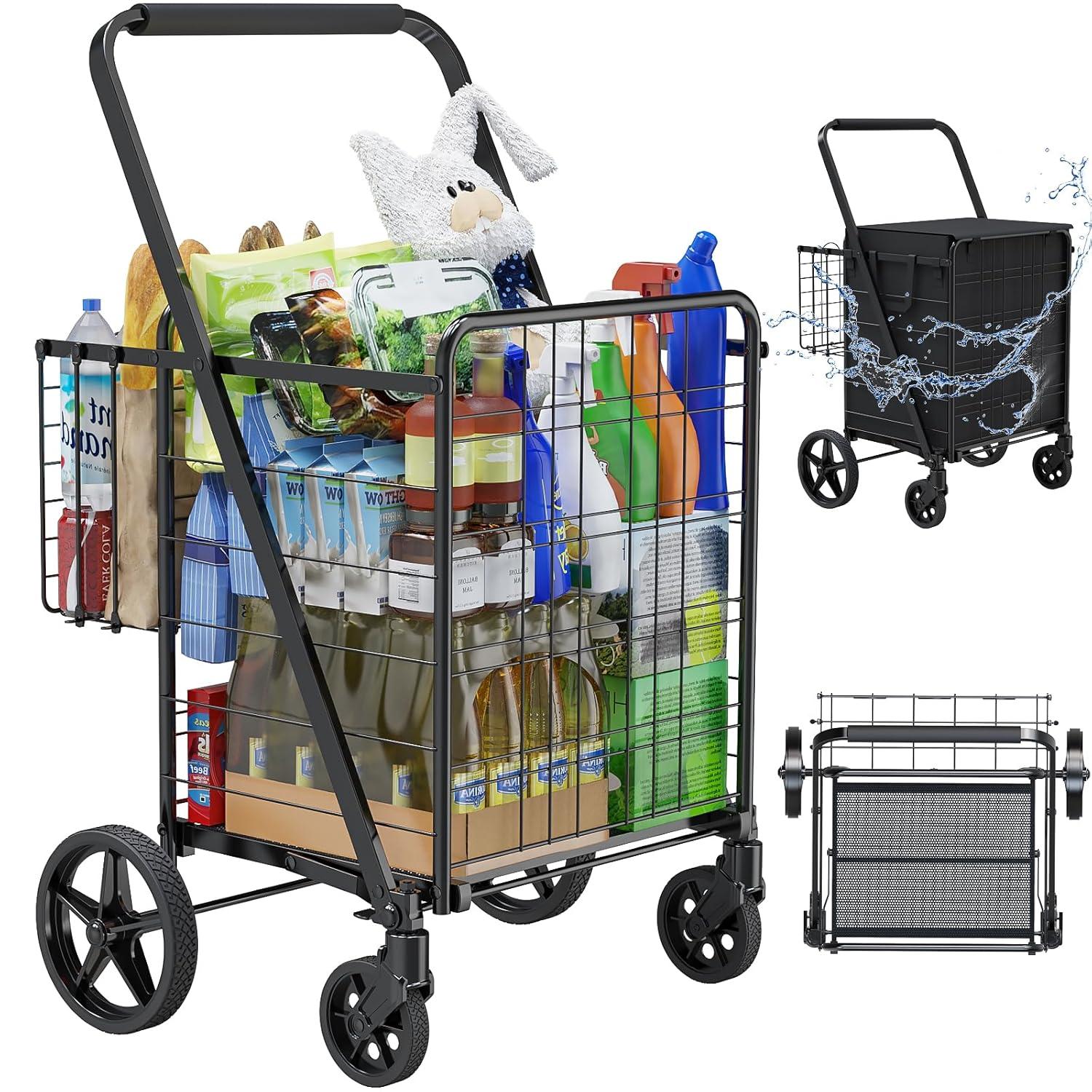 Exlonjet Folding Shopping Grocery Cart Metal Rolling Cart with Double Basket Non-Slip Handle and Swivel Wheels, Light Weight Utility Cart for Laundry Book Luggage Travel