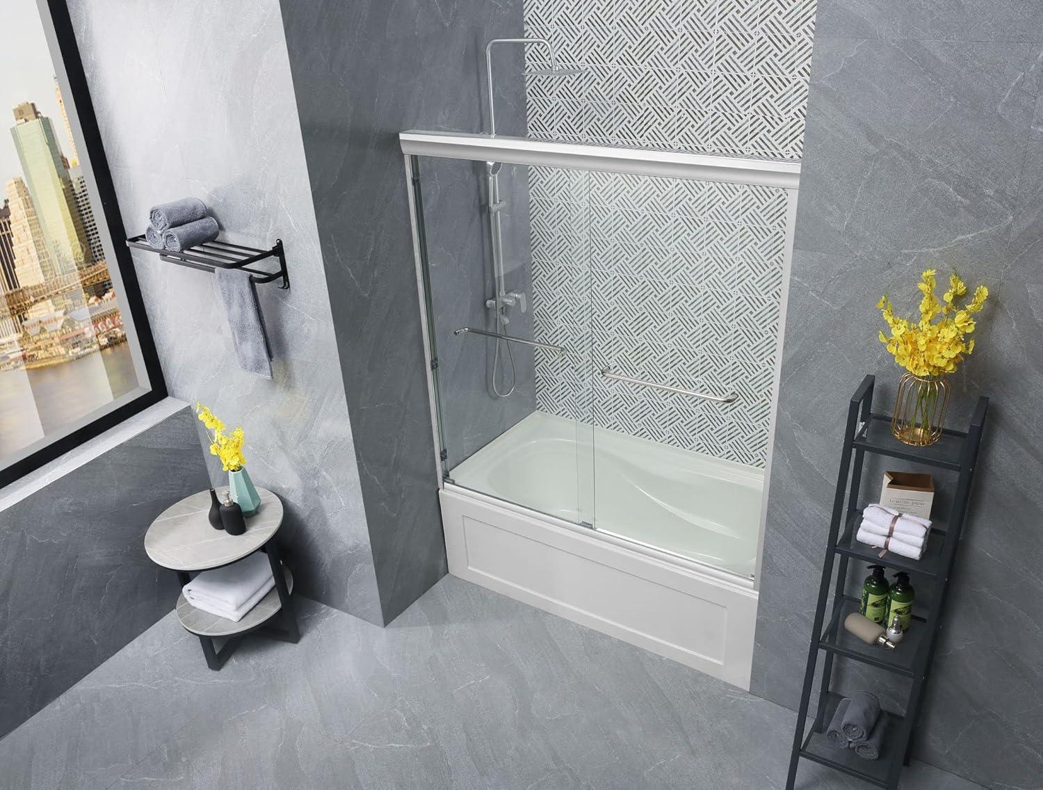 KUNMINGZHUHE Sliding Glass Tub Door 56-60 In. W X 57 In. H, Semi Frameless Double Bathtub Door, Certified Thick Clear Clear Tempered Glass, 304 Stainless Steel Handles. ZH2842-W2269P144318