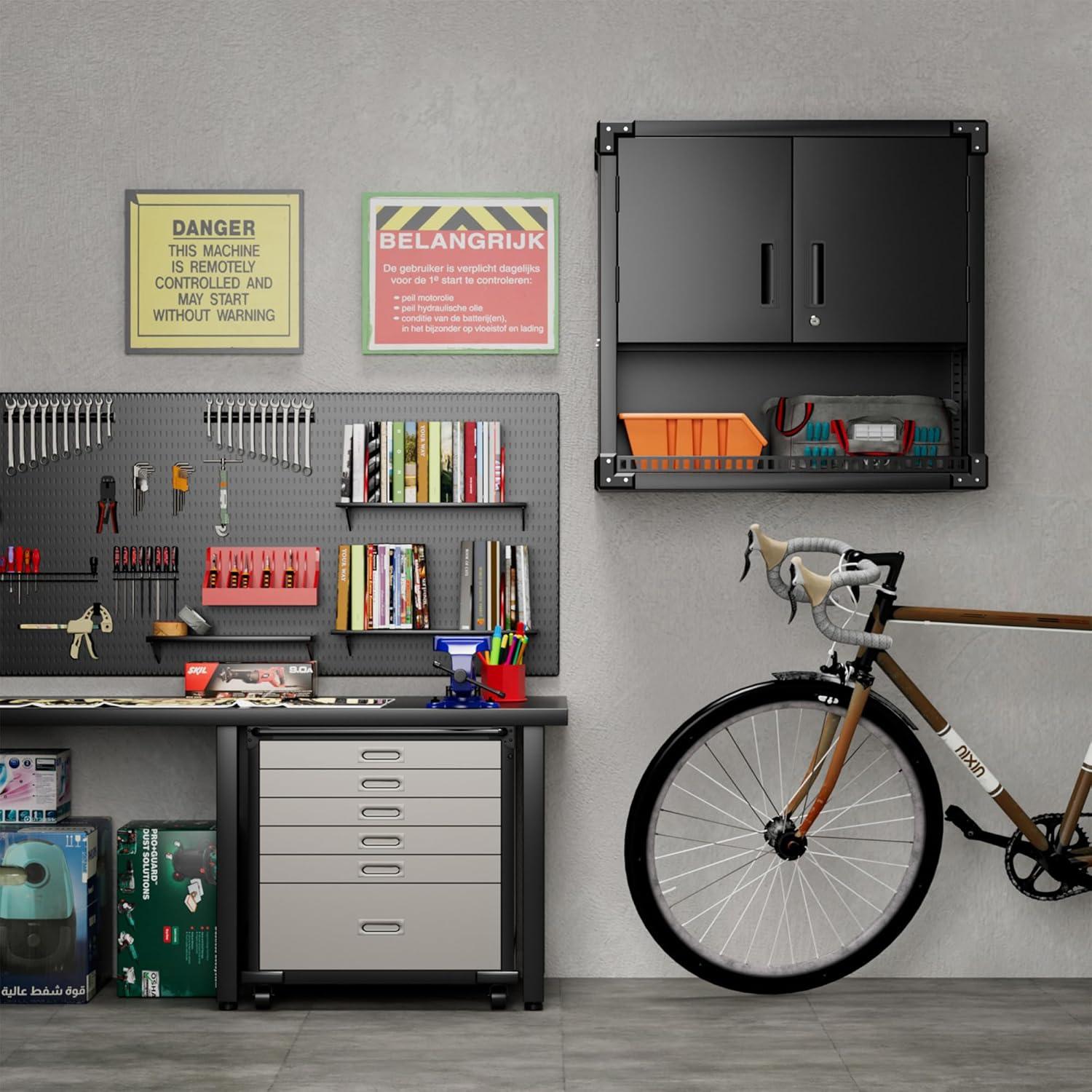 AOBABO 72 Inch Locking Metal Garage Storage Cabinet with Universal Rubber Wheels with Lockable Casters, Pegboards, and Magnetic Doors, Black