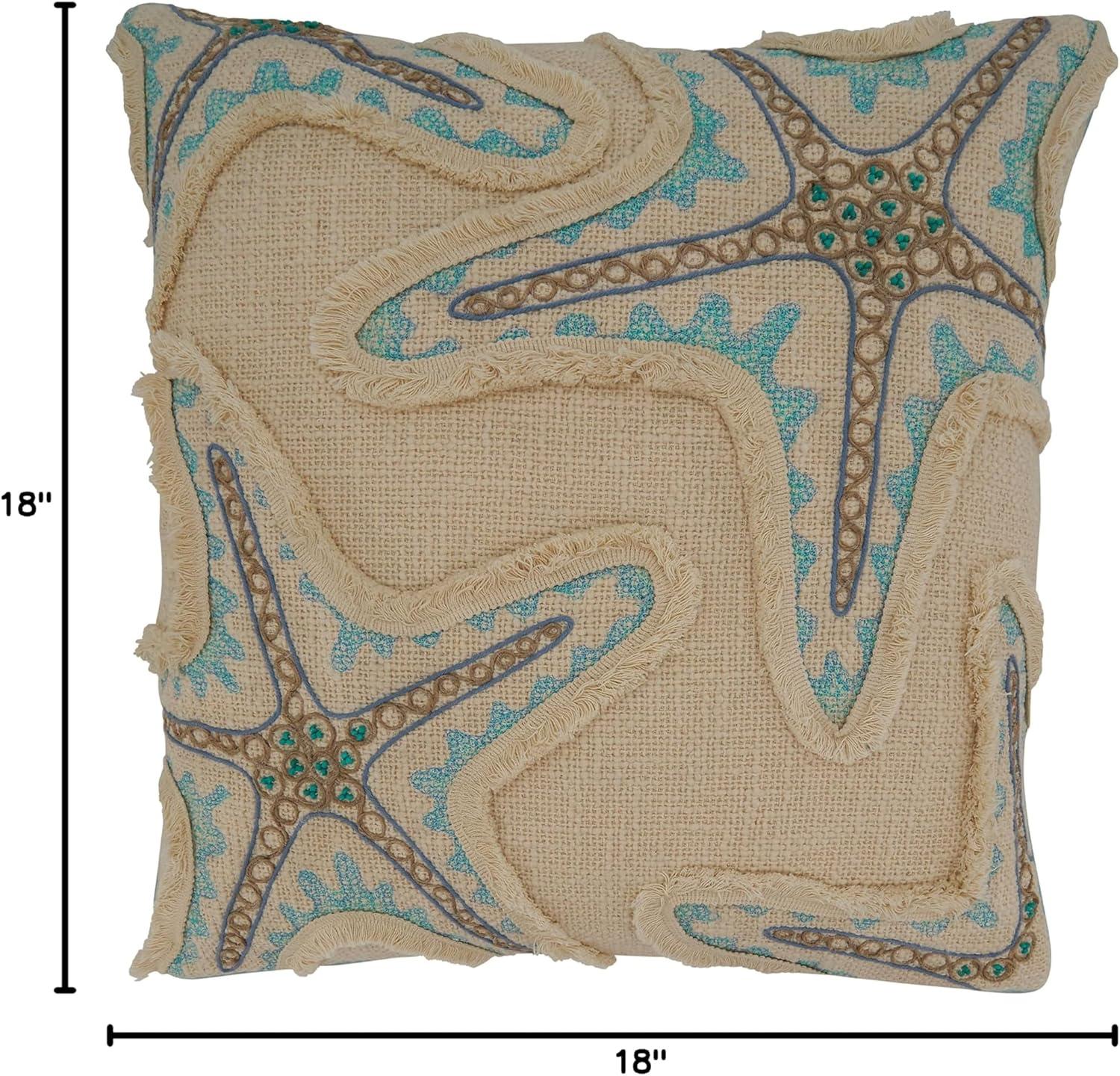 Aqua Embroidered Starfish Cotton Square Pillow