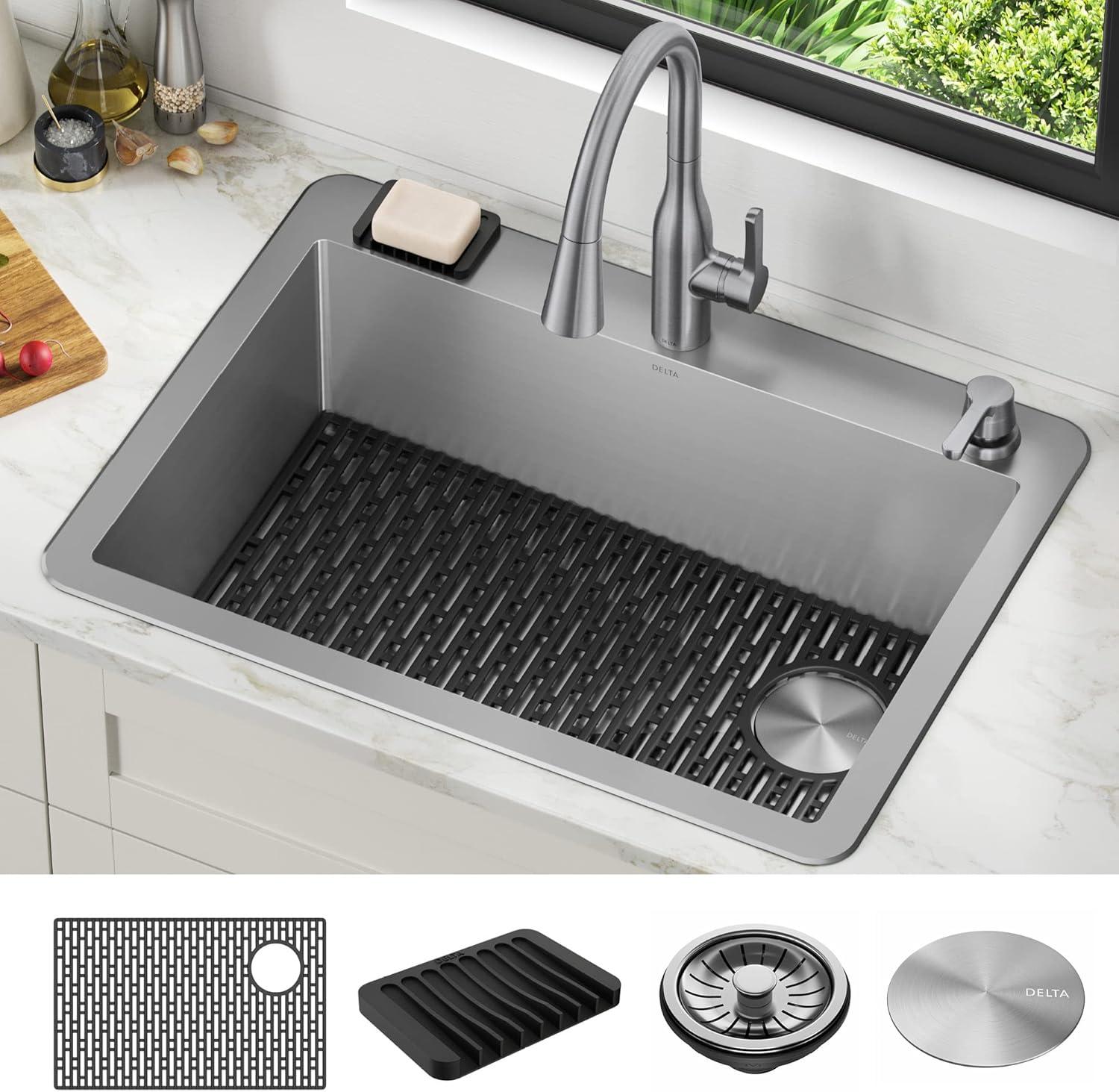 Delta Marca™ Drop-In Undermount Stainless Steel Single Bowl Kitchen Sink with Accessories