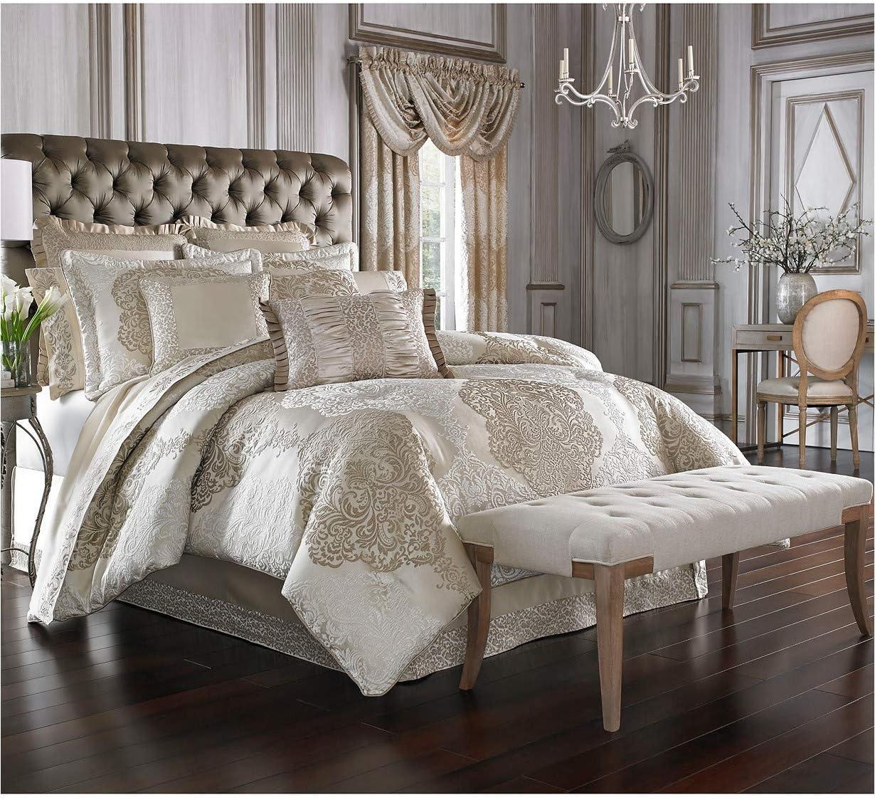 Luxurious Ivory and Gold Queen Comforter Set with Satin Trim