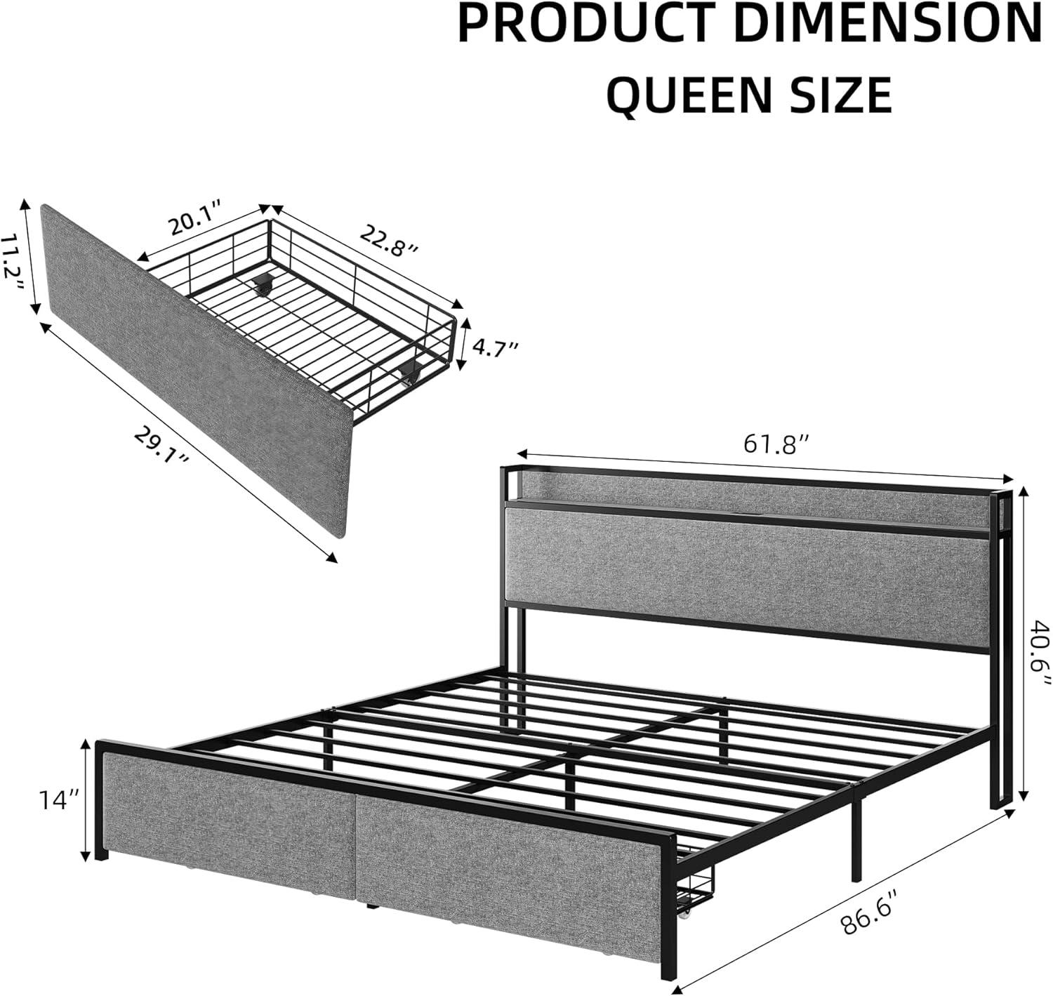 Queen Size Metal Bed Frame Drawers Platform Bed Frames with Headboard and Charging Station Metal Bed Platform with Steel Slat Support Noise Free No Box Spring Needed, Easy Assembly