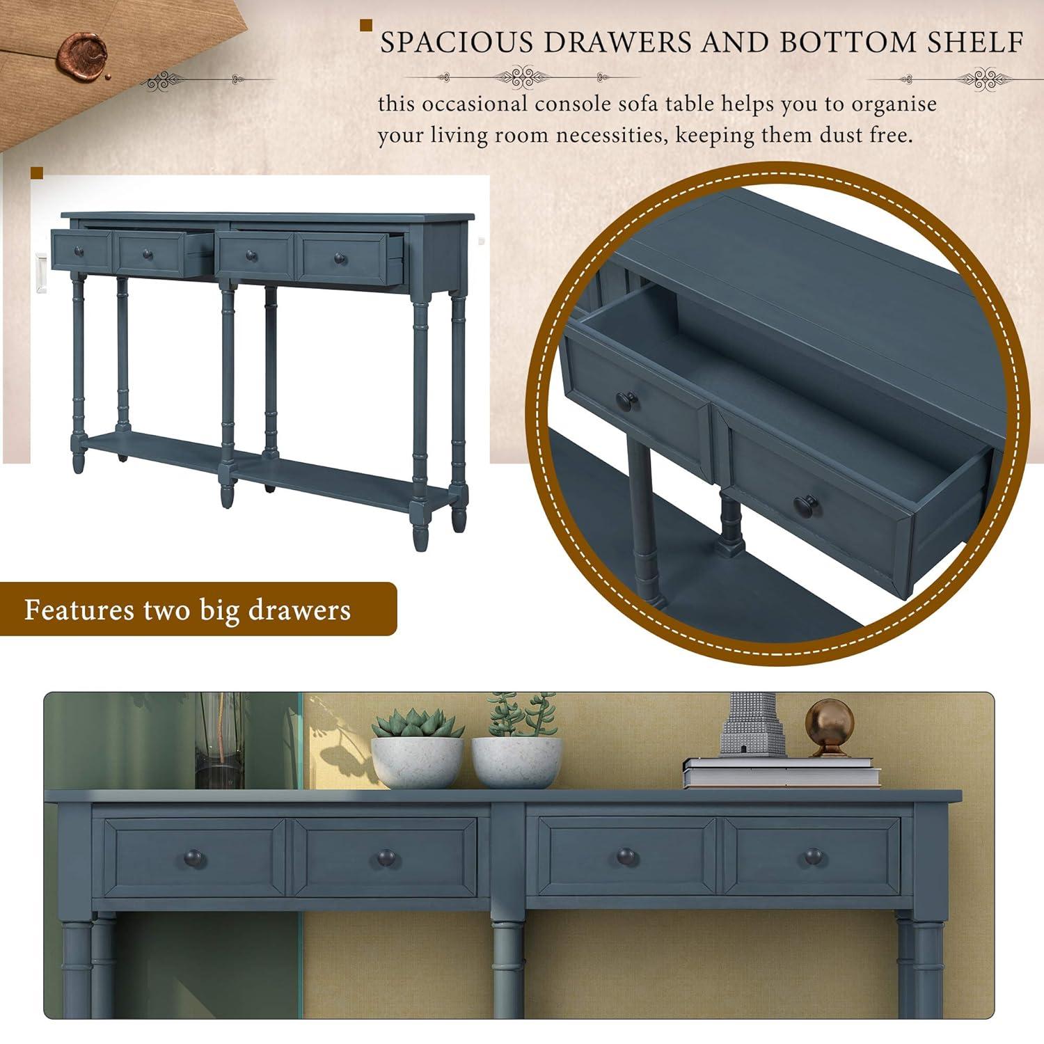 58" Console Table with Two Drawers and Bottom Shelf, Farmhouse Long Sofa Table with Solid Wood Legs, Storage Cabinet Sideboard Table for Entryway Living Room Hallway, Easy Assembly, Antique Navy